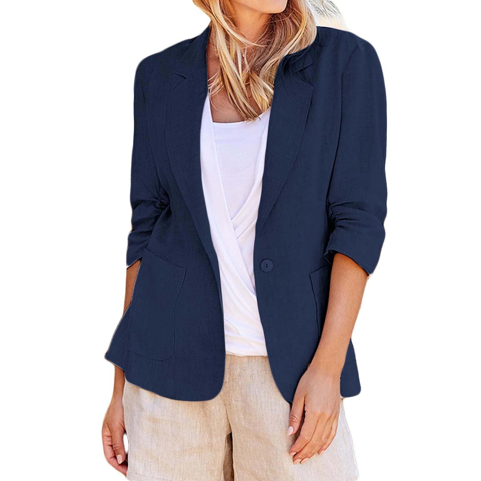 Linen Blazers for Women Work Casual Summer Lightweight Jacket Plus Size Ruched 3 4 Sleeve Suit Jackets Office
