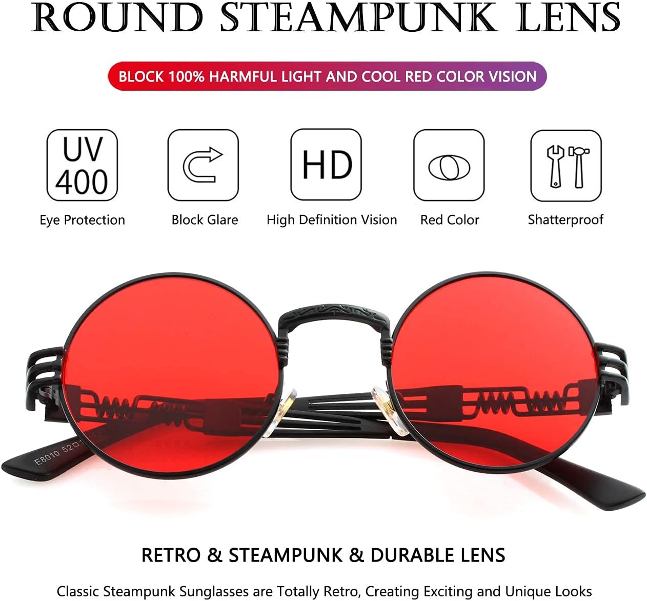 AIEYEZO Round Steampunk Sunglasses for Men Women Retro Circle Hippie Glasses Metal Frame 100% UV Blocking Lens - Image 5