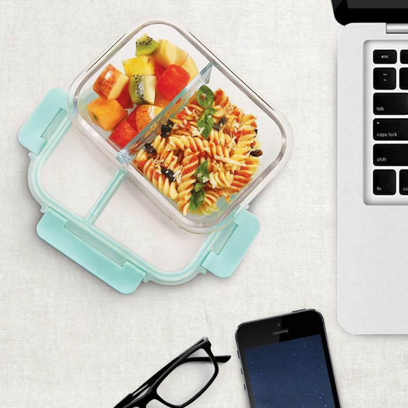 Allo FoodSafe - Lonchera de vidrio con compartimento para alimentos con cierre desmontable sin roturas, apto para horno y microondas, recipiente de vidrio de borosilicato con divisor de división,