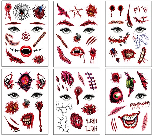 6 autocollants de tatouage de cicatrice de zombie d'Halloween et faux sang de gale spécial, autocollants de visage d'Halloween autocollants de tatouage imperméables à l'eau de cicatrice effrayante Cover