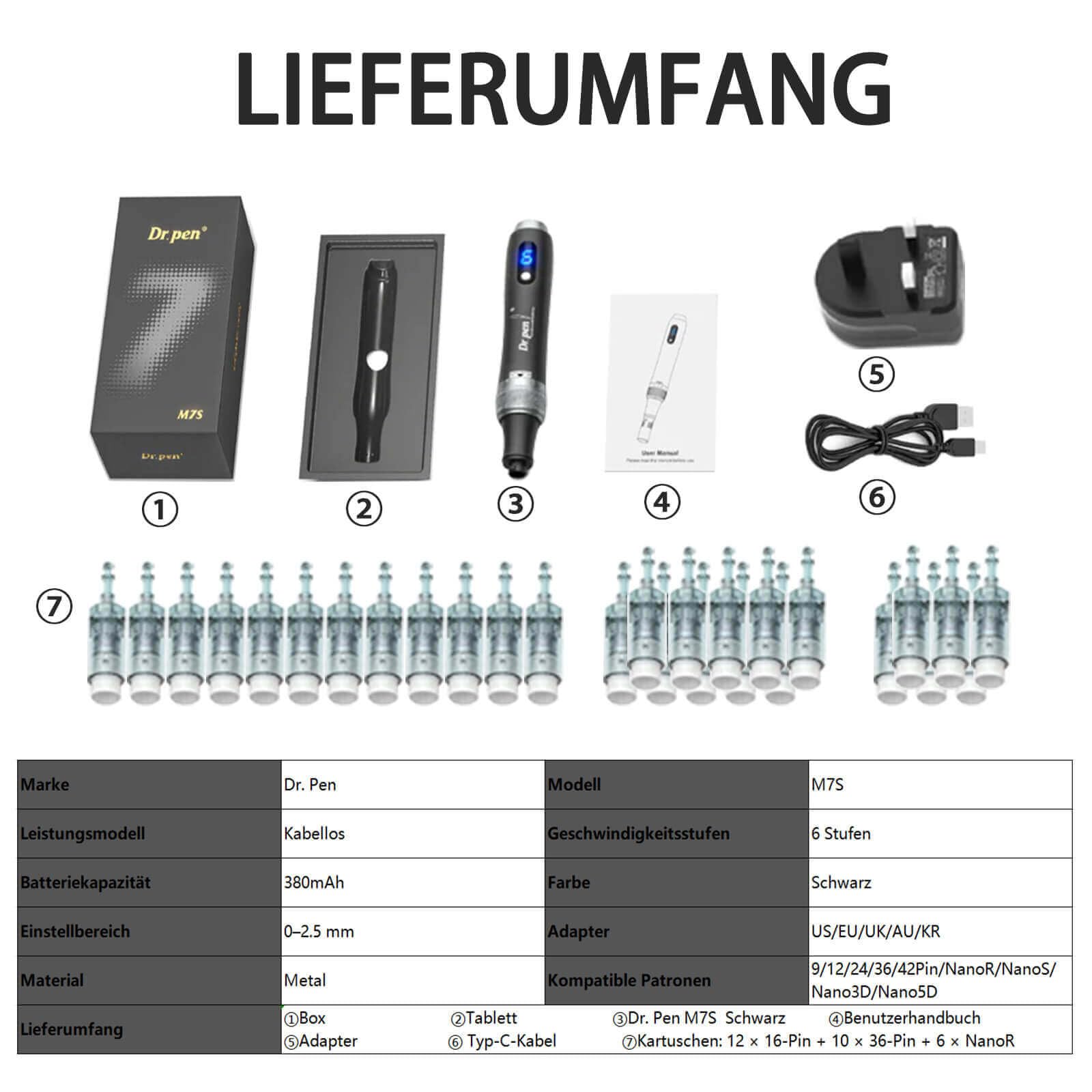 Dr. pen Ultima M7S - Penna per la cura della pelle, colore nero, senza fili e ricaricabile, con display digitale, 6 livelli, 0-2,5 mm, set con 28 cartucce di ricambio (12 × 16 pin + 10 × 36 pin + 6