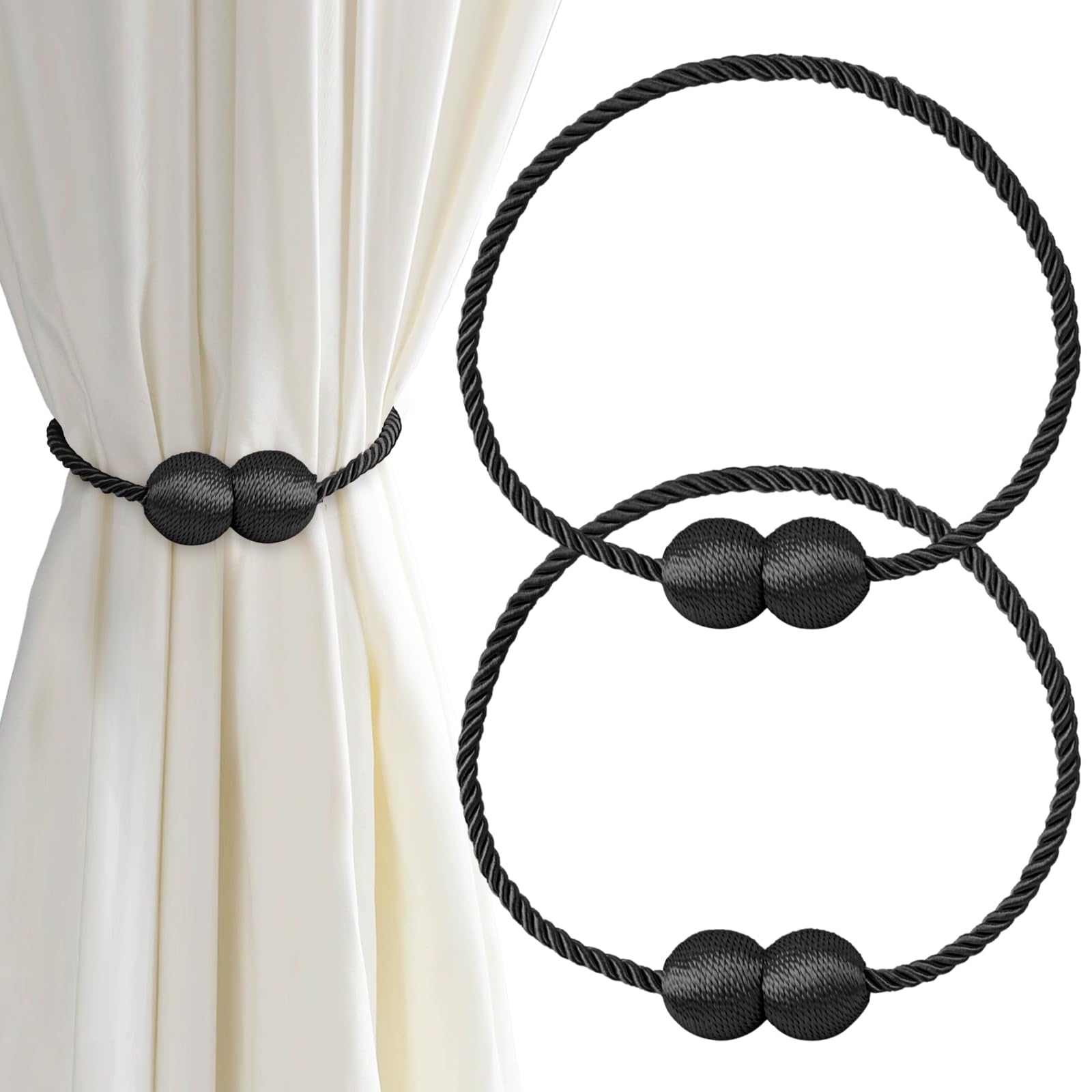 Lunhoo 2 Pack Magnetic Curtain Tiebacks, Curtain Holdbacks, Curtain Ties for Home Bedroom Office Decorative (Black)