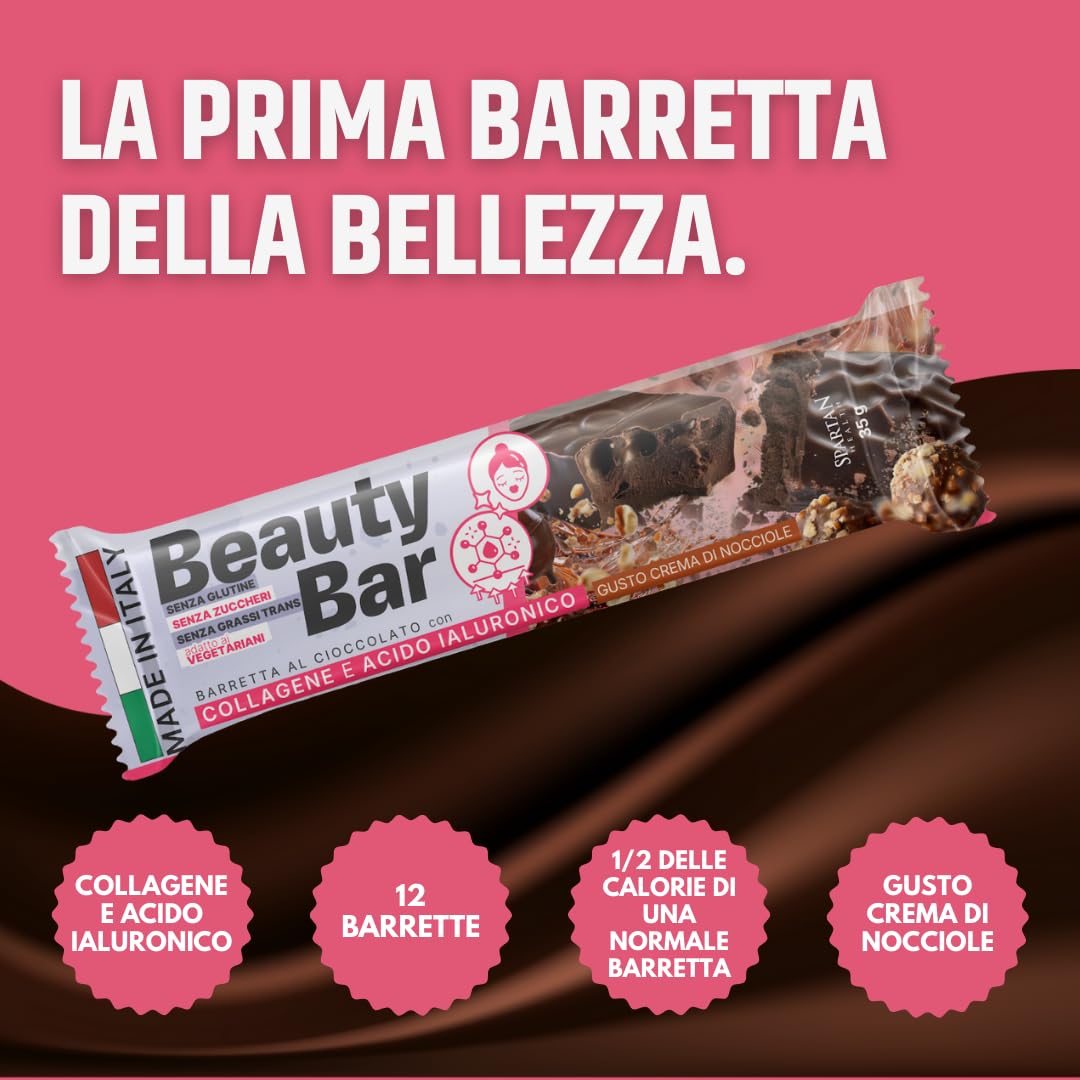 Beauty Bar Suplemento Belleza Spartan Health con colágeno péptidos hidrolizados, vitamina C, biotina | Apoyo de articulaciones, piel y cabello | Chocolate artesanal italiano (crema de avellanas)