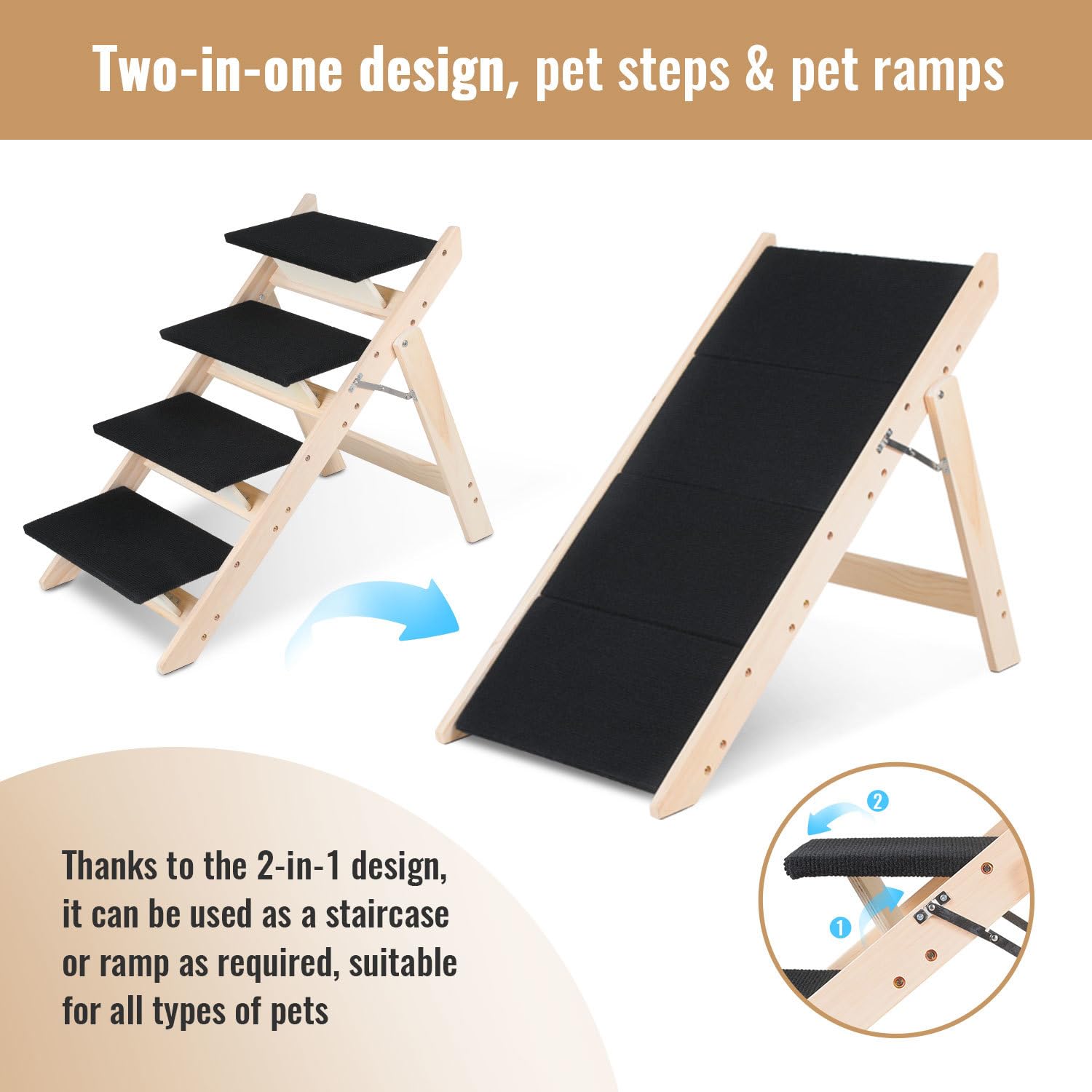 Scala per Cani a 4 Gradini,Rampa 2-in-1 Pieghevole in Legno,Antiscivolo con Pendenza Dolce,Scala per Animali Domestici per Letto,Divano e Auto,Stabile e Portata Fino a 80 Kg