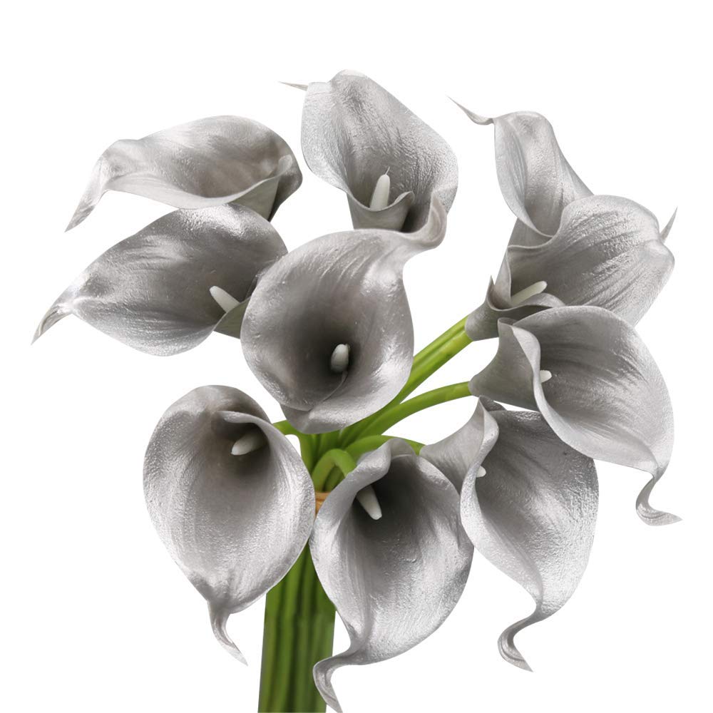 Angel Isabella Real Touch Calla Lily Artificial Flowers — Perfect for a Wedding, Prom, Christmas or Home Decor — Great as a Boutonniere, Corsage or Centerpiece - 10 Stems, Metallic Silver mini 
