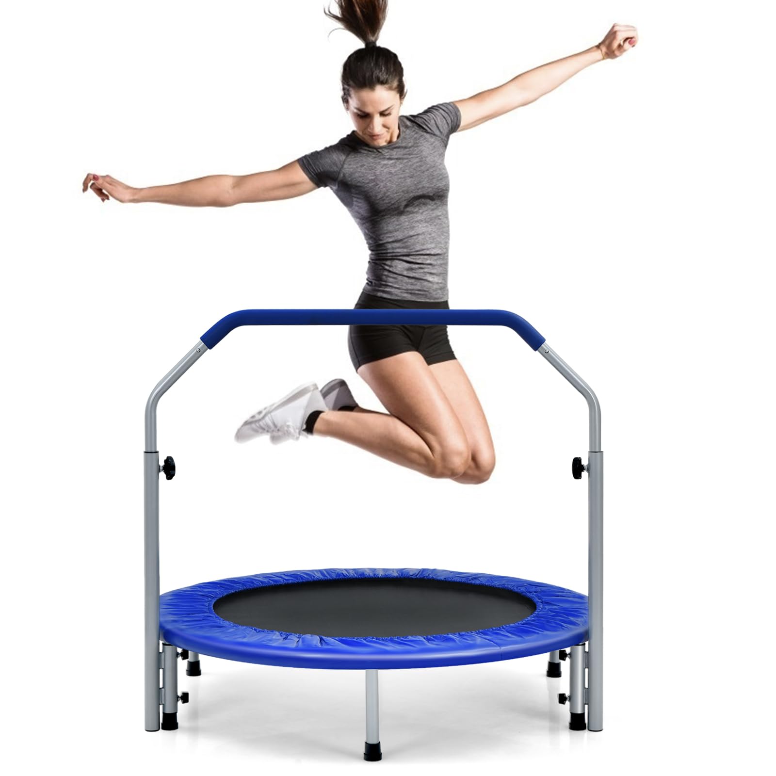 COSTWAY 40" Trampoline, Foldable Fitness Bouncer with 4-Level Adjustable Foam Handle and Safety Padded Cover, Indoor Outdoor Exercise Rebounder Workout for Kids & Adults (Blue)
