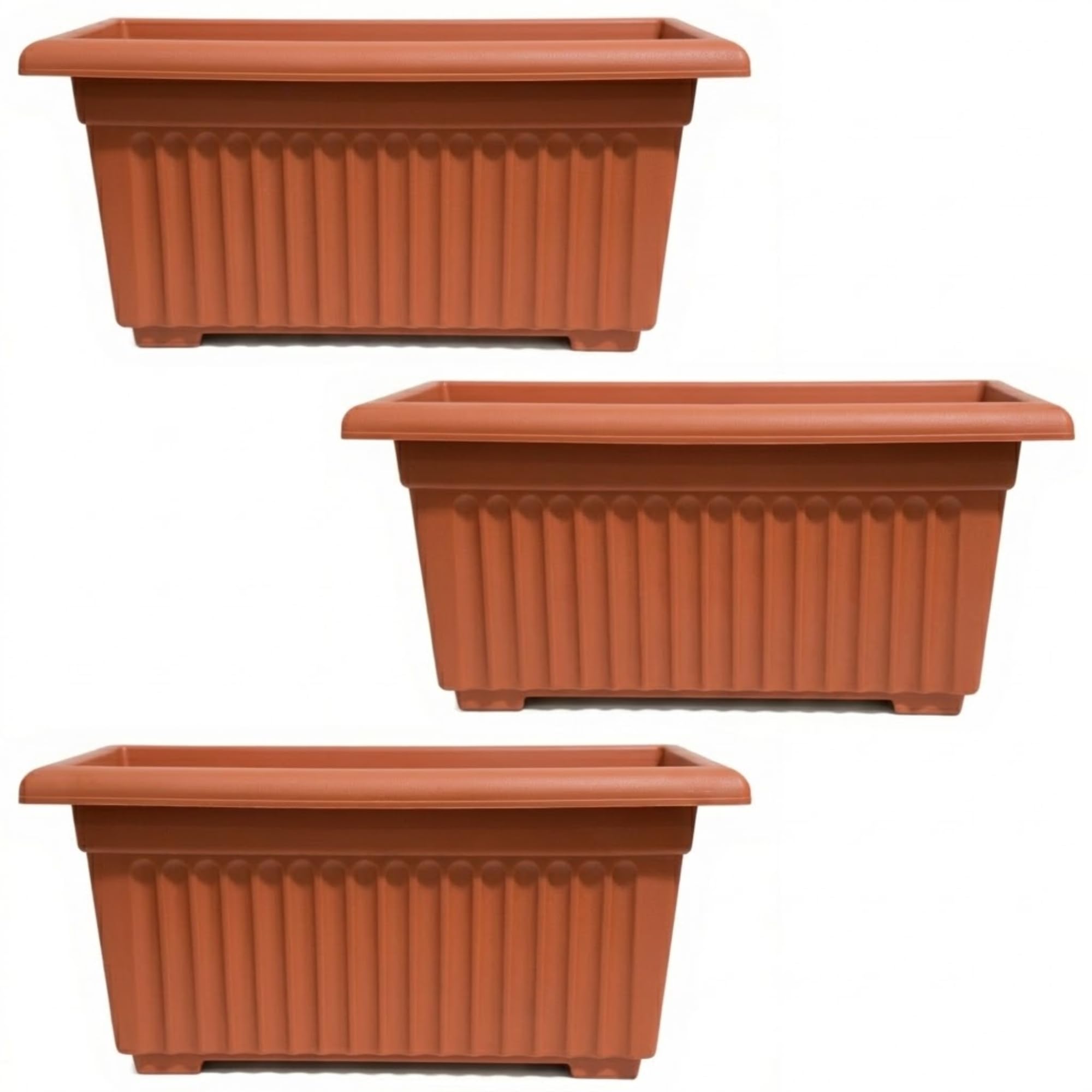 Plastic Trough Plant Pot Long Planter Home Outdoor Garden Window Herb Flower Box Windowsill Patio Bushes Window Box Rippled Effect, Optional Drainage Holes 55cm Terracotta Set Of 3