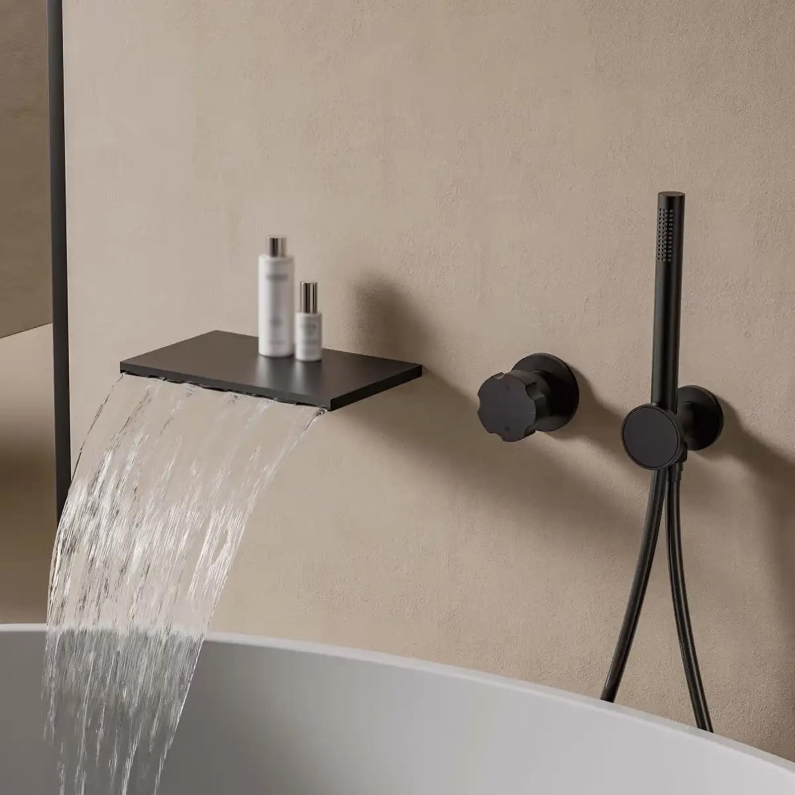 JYBNBBE Bath Shower Mixer Tap Wall Mount Waterfall Hot and Cold Brass Concealed Mixer Bath Taps with Shower Black (Black A)