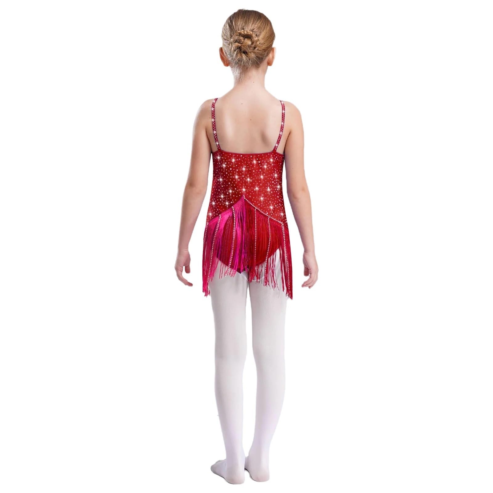 Leotardos de Samba y Salsa con borlas for niñas, Ropa de Baile de Jazz y Tango, con Brillantes Diamantes de imitación y Vestidos de Patinaje artístico.(Blue,16)