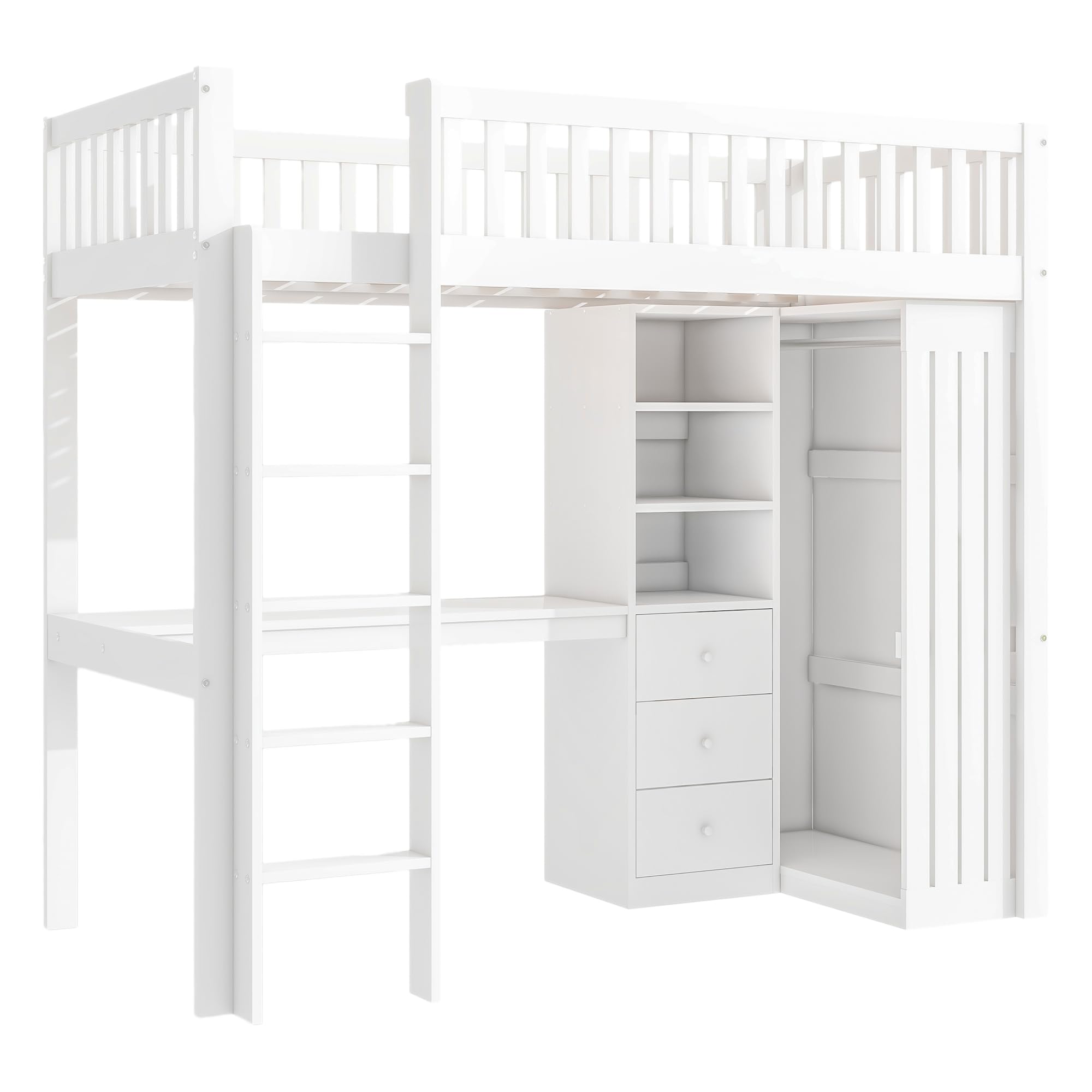Letto a soppalco, scrivania, armadio, 3 cassetti, spazio di archiviazione aperto, ringhiera, scale, senza materasso, bianco (90 x 200 cm)
