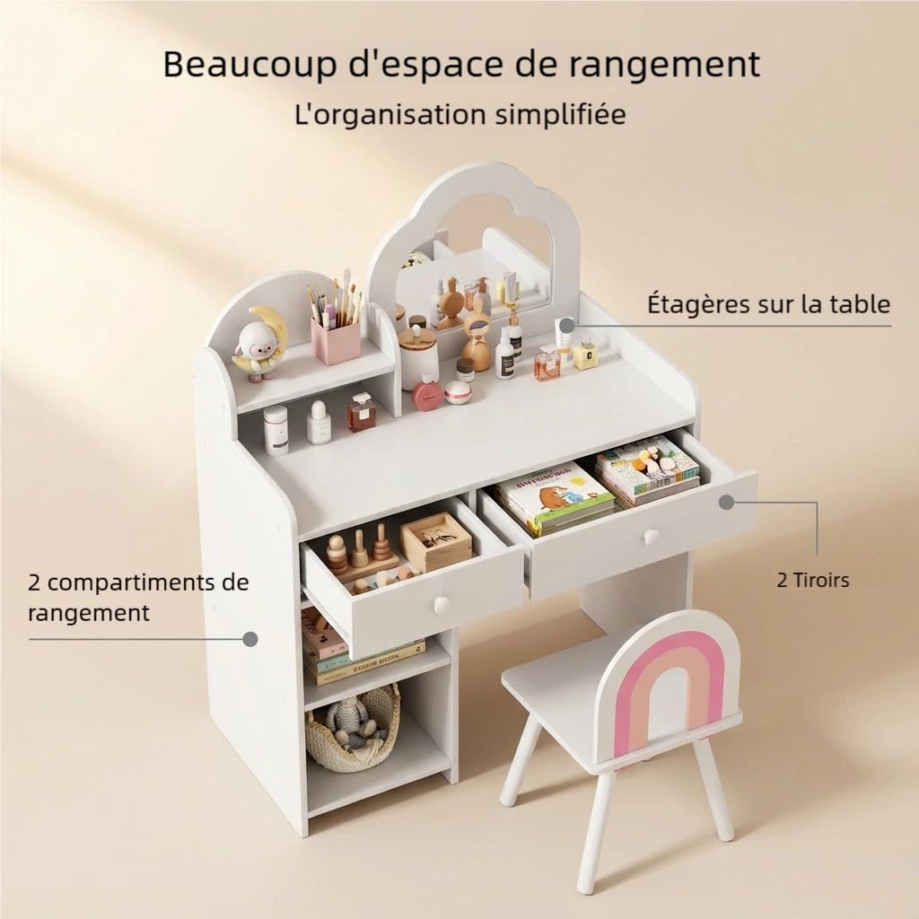 Clevich 2 en 1 Coiffeuse Enfant, Coiffeuse pour Fille avec Miroir et 2 Tiroirs, Casiers, Bureau pour Enfants avec Tabouret, Motif Arc-en-Ciel, Table de Maquillage pour Enfants 3 à 8 Ans (Blanc)