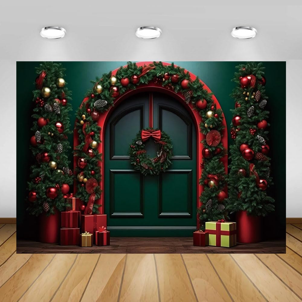 Pnylzzyxh Toile de fond rouge de Noël pour photographie, cadeau de boule de Noël, cloche, sapin vert, foin, toile de fond rustique pour neige, Nouvel An, portrait d'enfants, fête de famille