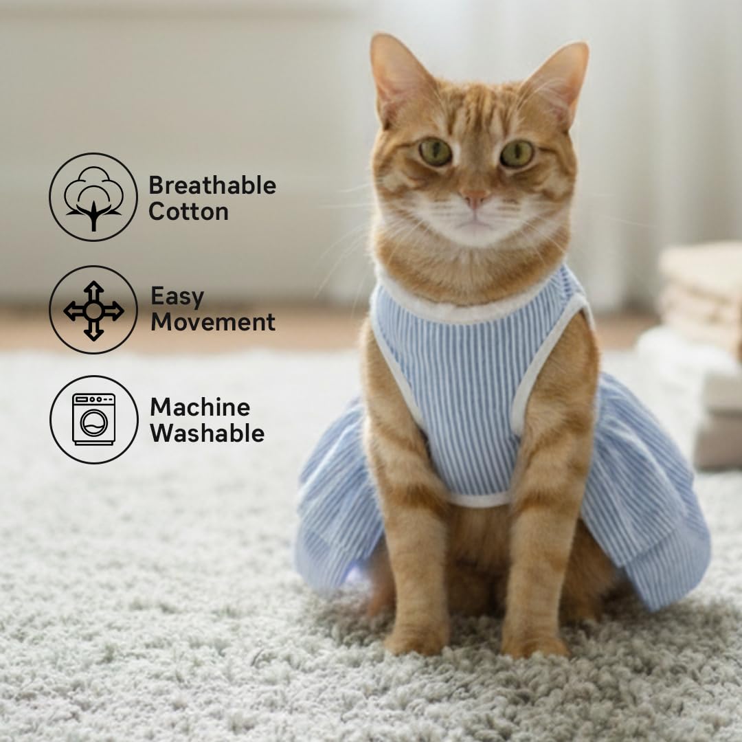 PETS EMPIRE Cute Cat Dress – Striped Blue Pet Clothing for Cats