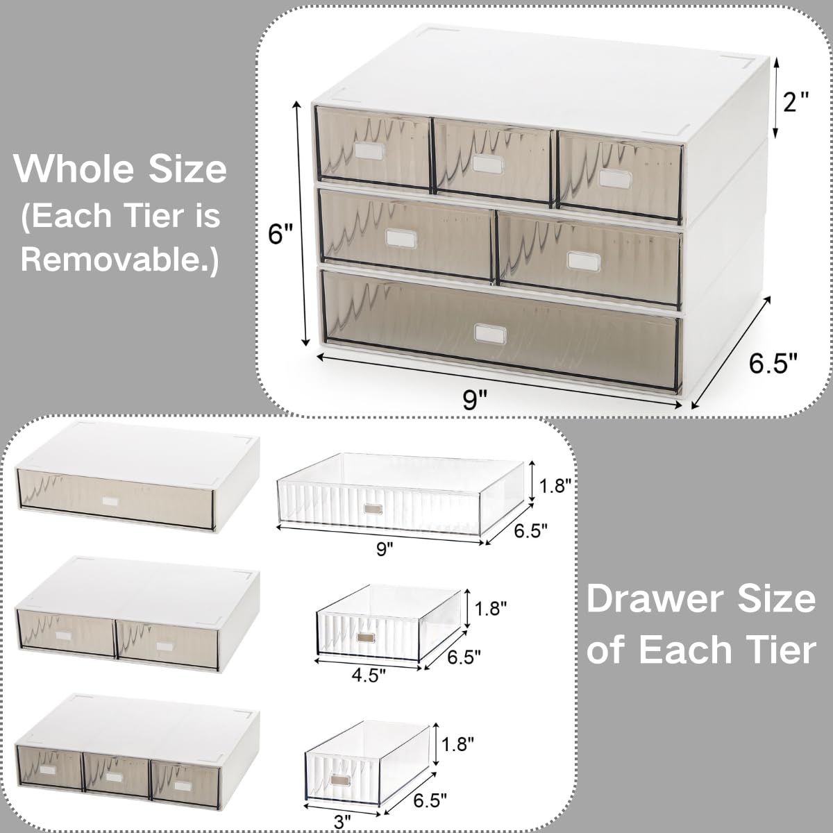 Hacaroa 3 Stufiger Mini Schreibtisch Organizer mit 6 Schubladen, Kunststoff Desktop Schubladen Aufbewahrungsbox, Stapelbare Make-up Organizer für Büro, Schule, Badezimmer, Abnehmbares Design, Weiß