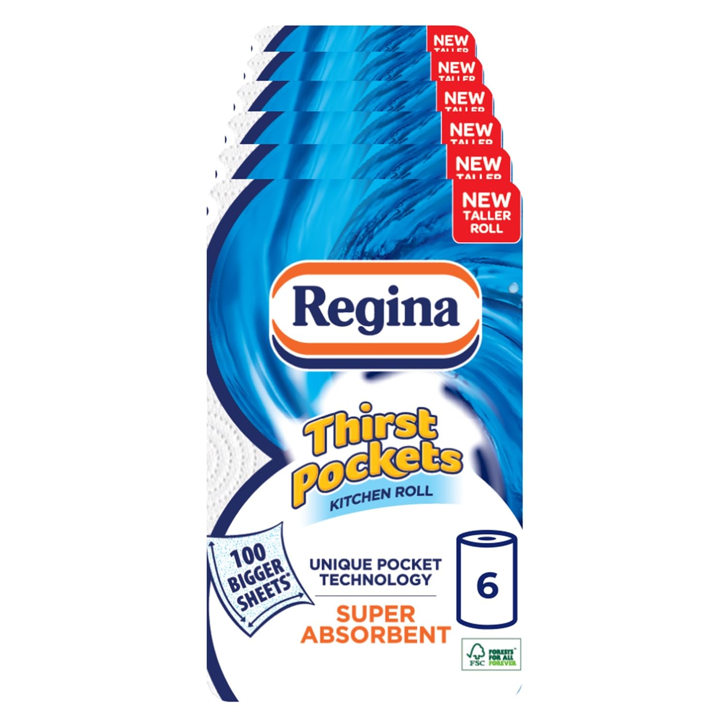 Regina Thirst Pockets, 6 Rolls of Kitchen Towel | 100 Super Absorbent Sheets per Roll, Unique Pocket Technology, Your Ideal Kitchen Companion, FSC certified product