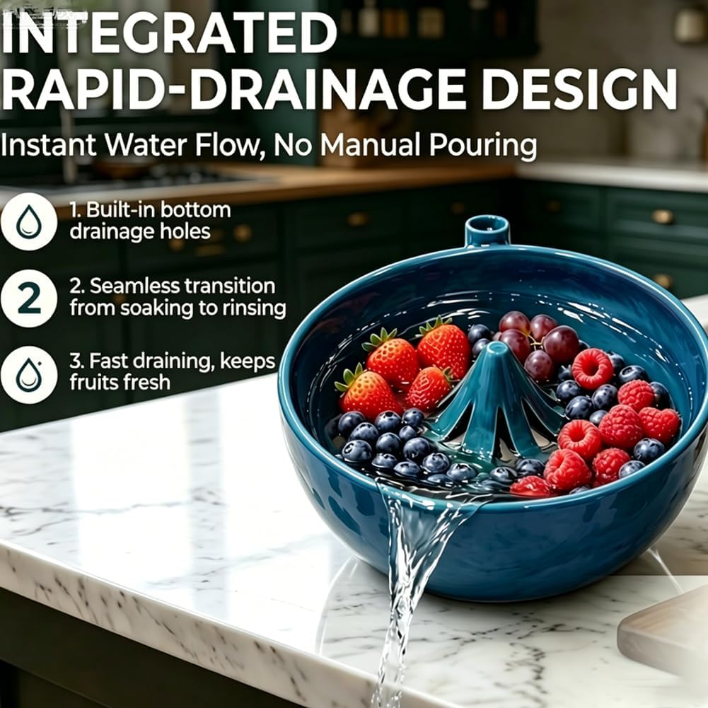 2026 New Self Spinning Berry Bowl, Ceramic Berry Washing Bowl, Fruit Washer Spinner with Strainer and Colander, Berry Bowl for Kitchen Trawberries Blueberries (1PC)