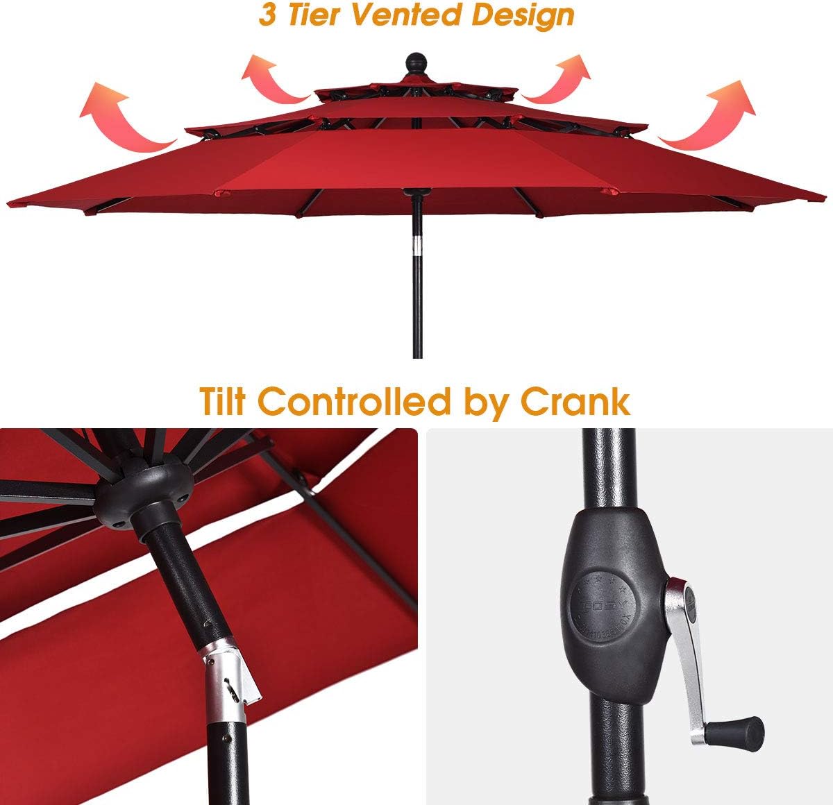 Tangkula 10 Ft 3 Tier Patio Umbrella, Outdoor Aluminum Double Vented Tilt Umbrella with Crank, for Market, Backyard, Poolside, Garden (Burgundy)