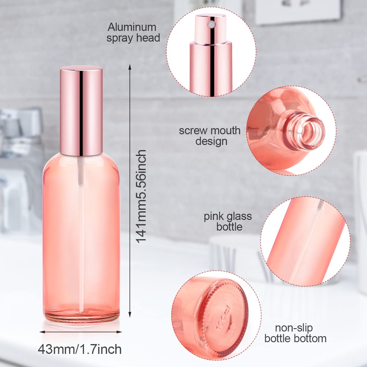 Rosa Glas-Sprühflasche 100 Ml – Feiner Nebel Für Parfüm, Gesichtswasser & Mehr (mit Sprühkopf)