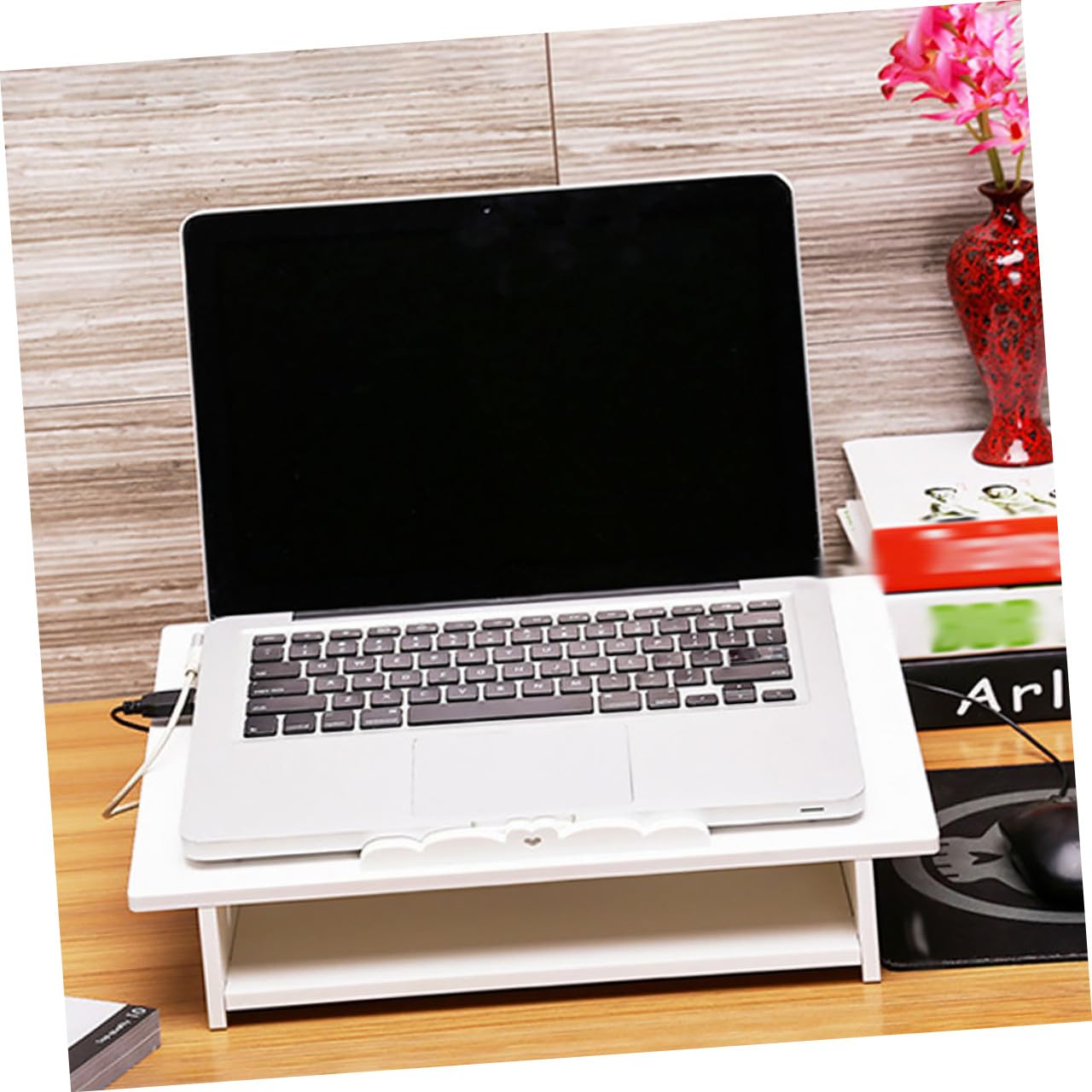 jojofuny Supporto per Laptop in Legno-plastica Bianco, Angolo Ergonomico e Antiscivolo, per Ufficio e Casa, Spazio Portaoggetti