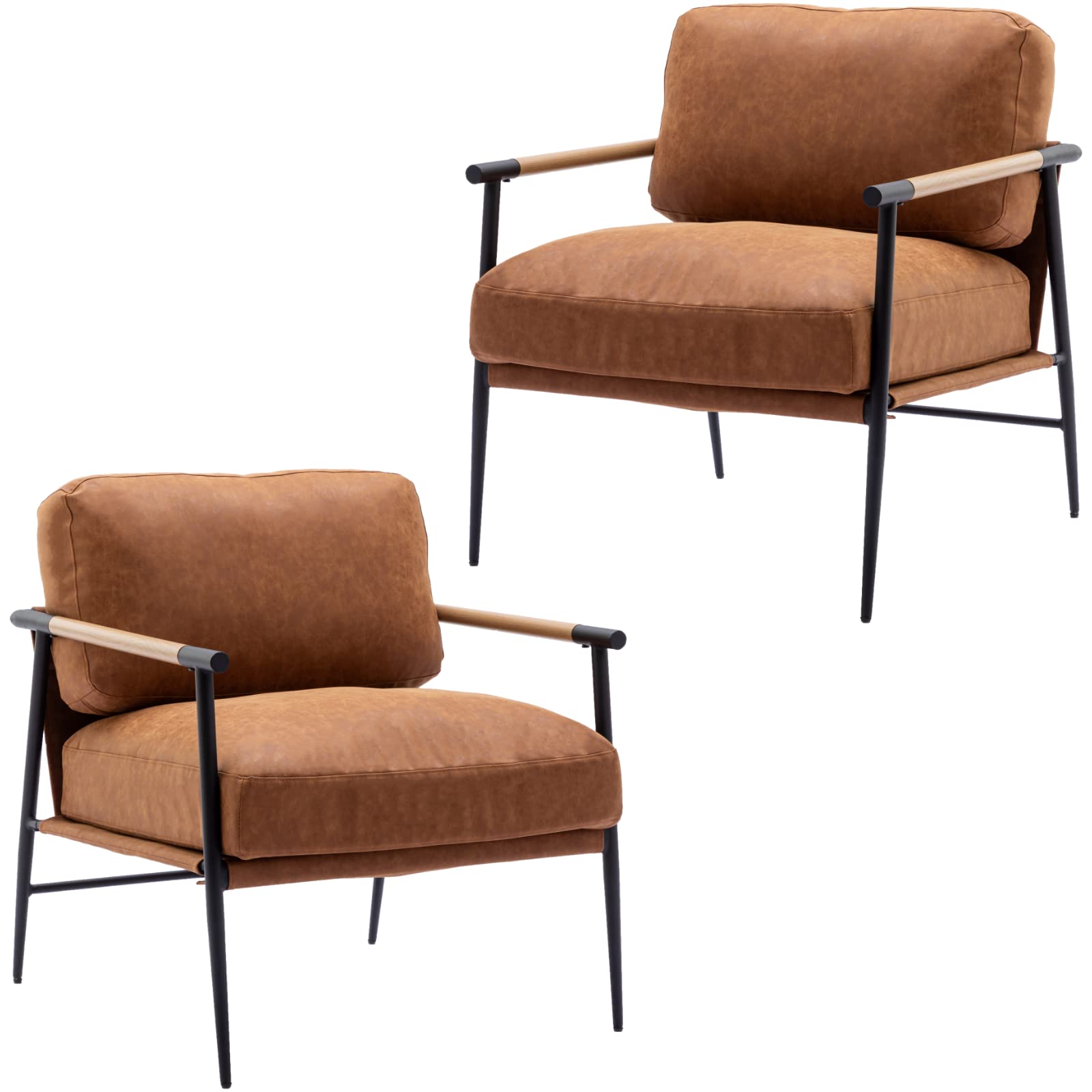 Ya-Home Mid-Century Accent Chair Set of 2, Soft Armchair PU Leather Lounge Chair with Black Metal Legs, Upholstered Leisure Chair for Living Room