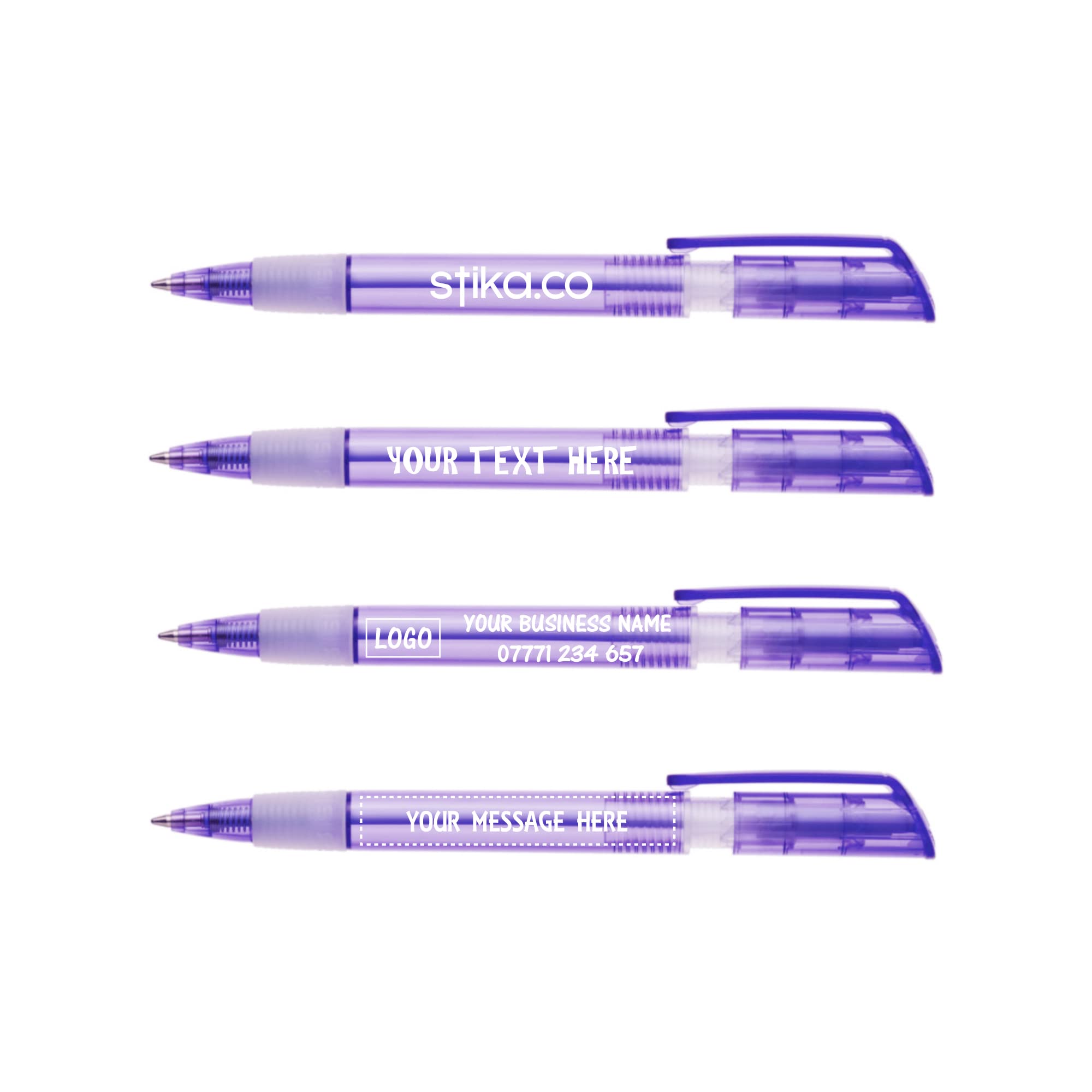 stika.co Custom Printed S40 Purple Transparent Grip Promotional Pens - Ballpoint Rubber Personalised Pens-Ideal for School, Work, and Events (120 Pens)