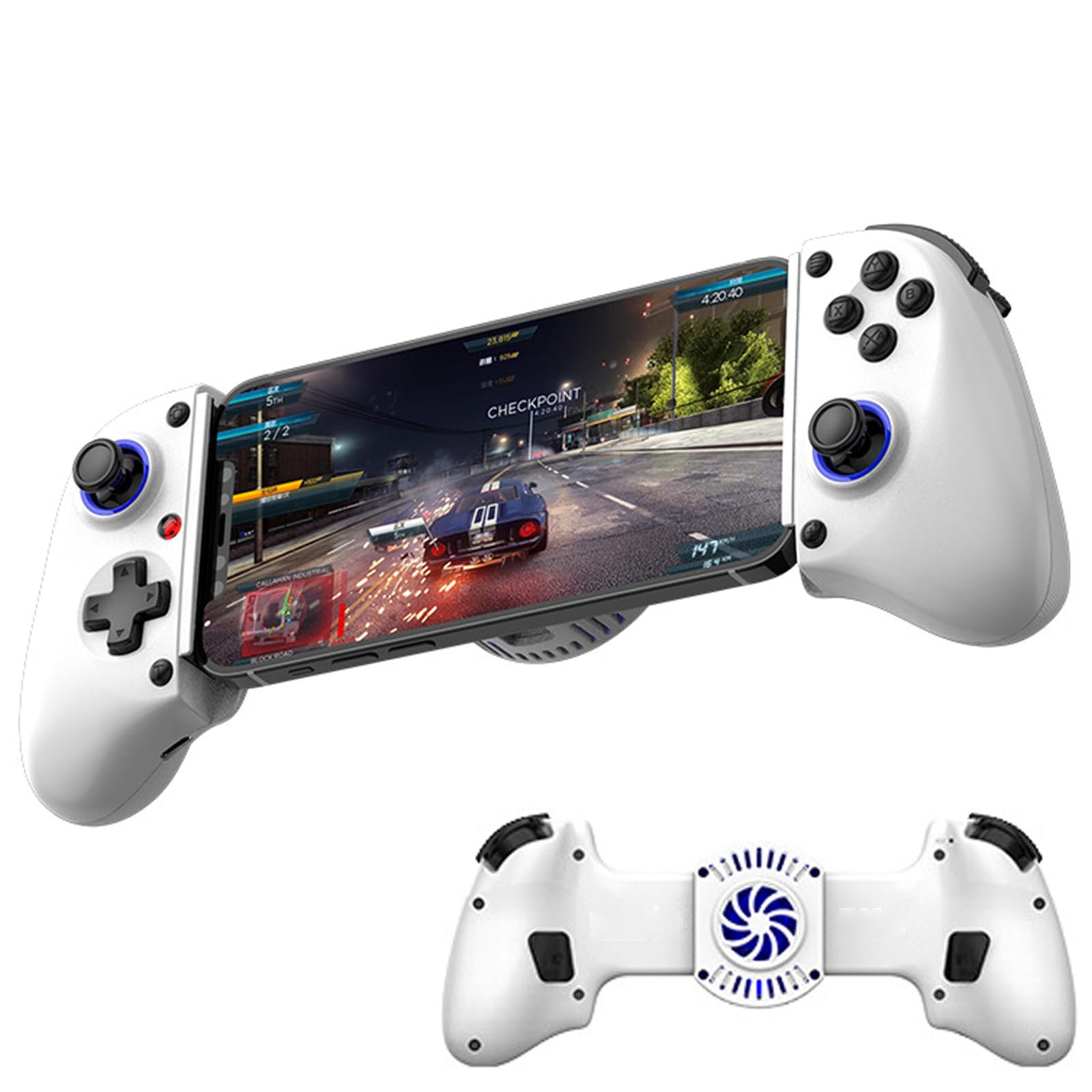 Controller di gioco retrattile wireless per Switch/iOS/Android/PC/Tablet, Gamepad wireless con joystick effetto Hall/trigger Hall, con turbo/giroscopio a 6 assi/vibrazione (Bianco con ventola)