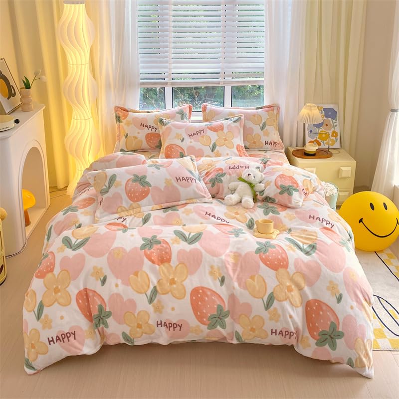 Housse de couette 140x200 fraises roses parure de lit 1 personne microfifre avec taies