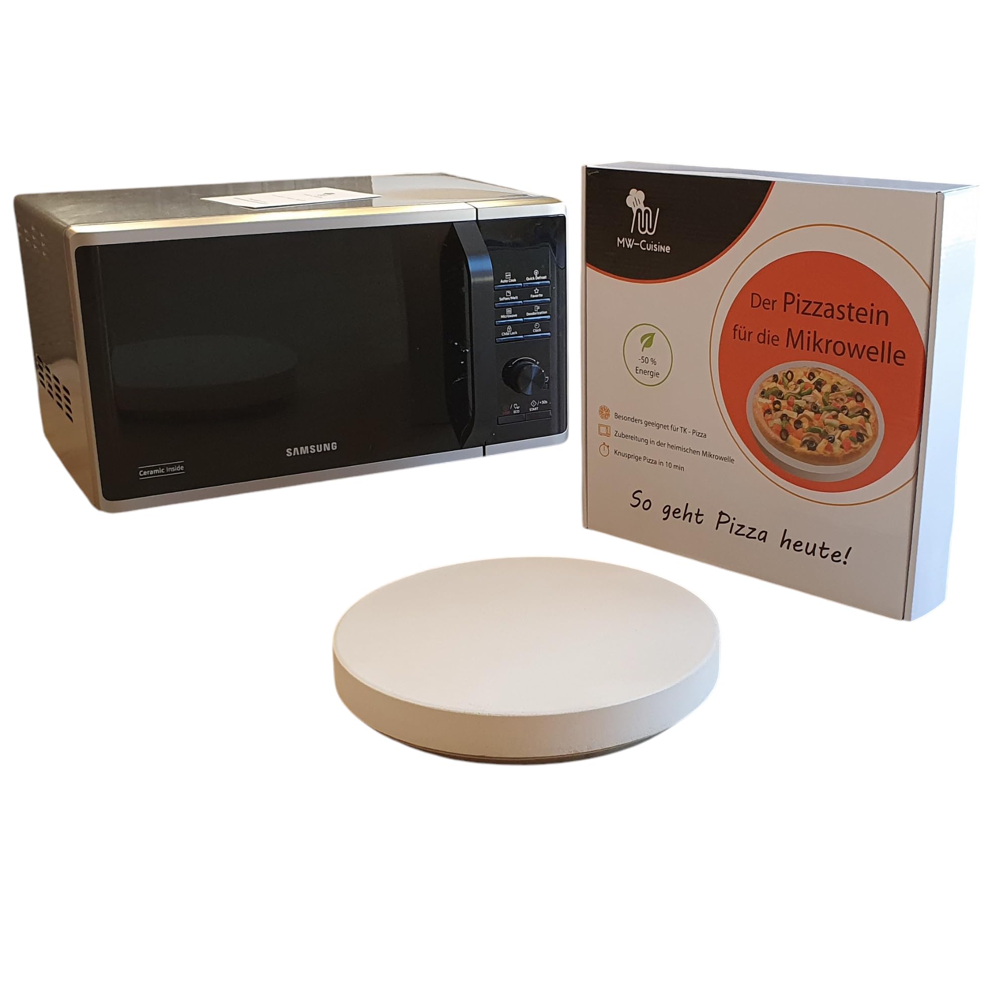 Pizzastein/Backstein/Warmhalteplatte für Mikrowelle und Backofen, ø 27 cm. Mit 50 Blatt Backpapier. Innovation aus Deutschland.