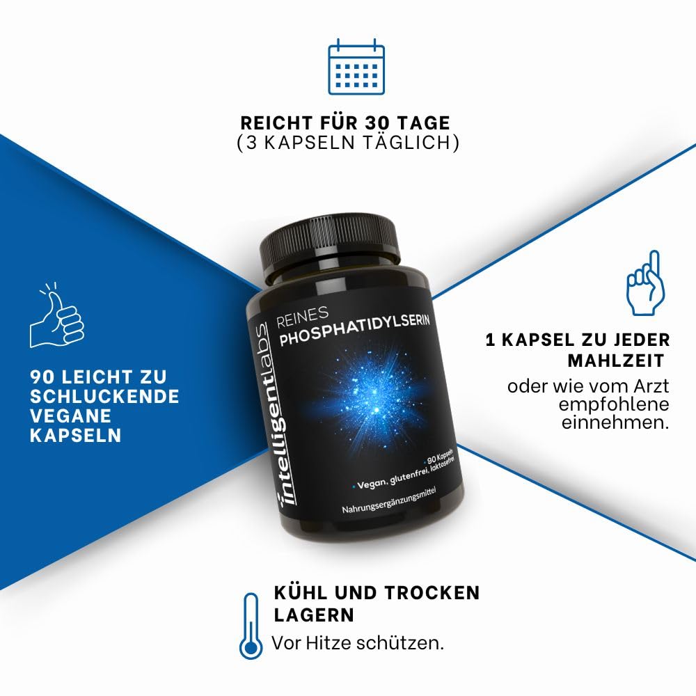 Intelligent Labs Phosphatidylserin-Nahrungsergänzungsmittel 100 mg, 90 hochwirksame Kapseln, 100% Soja und allergenfrei, reines Phosphatidylserin aus Sonnenblumenlecithin