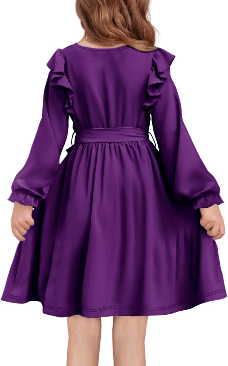 Yoklass Girls Dress Long Sleeve Ruffle Elegant Flowy Swing Dresses with Belt 4-13 Years - Image 4