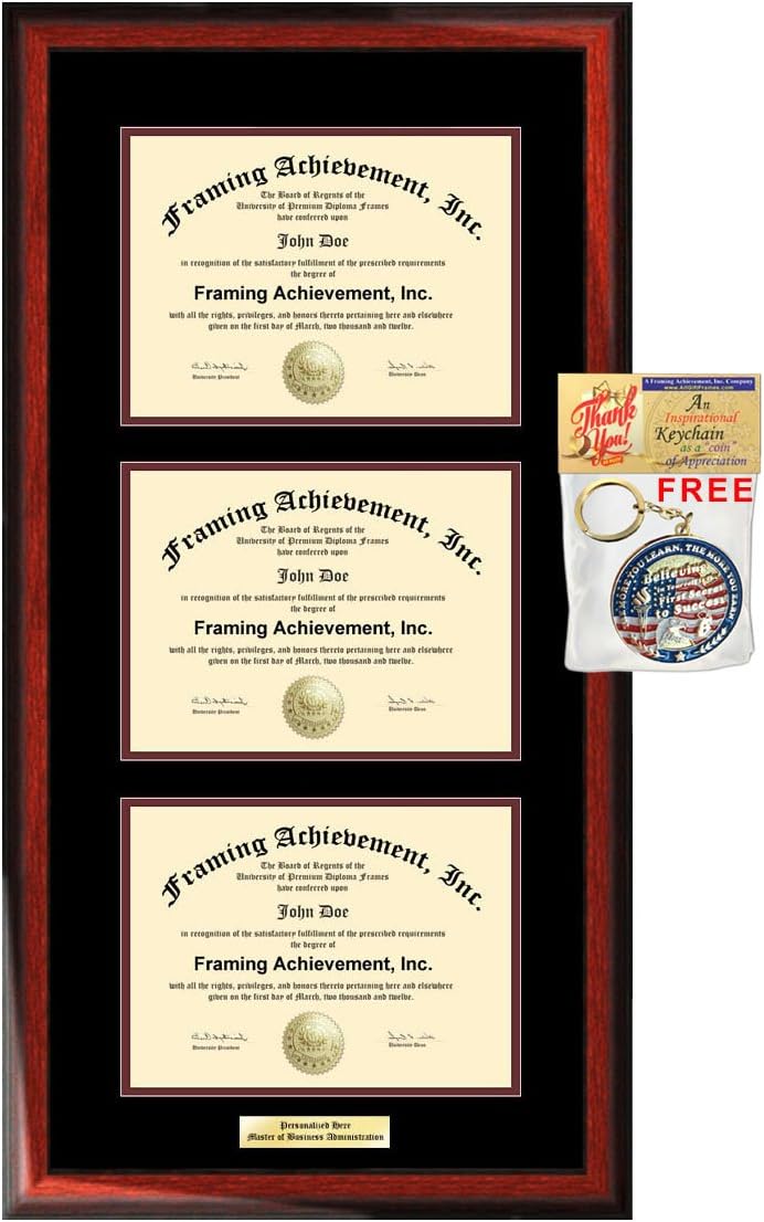 Personalized Three License Frame Certificate Double Diploma Frames 3 Document Board Certification Holder Case Satin Rich Mahogany Top Black Inner Maroon Silver or Gold Engraved Plate