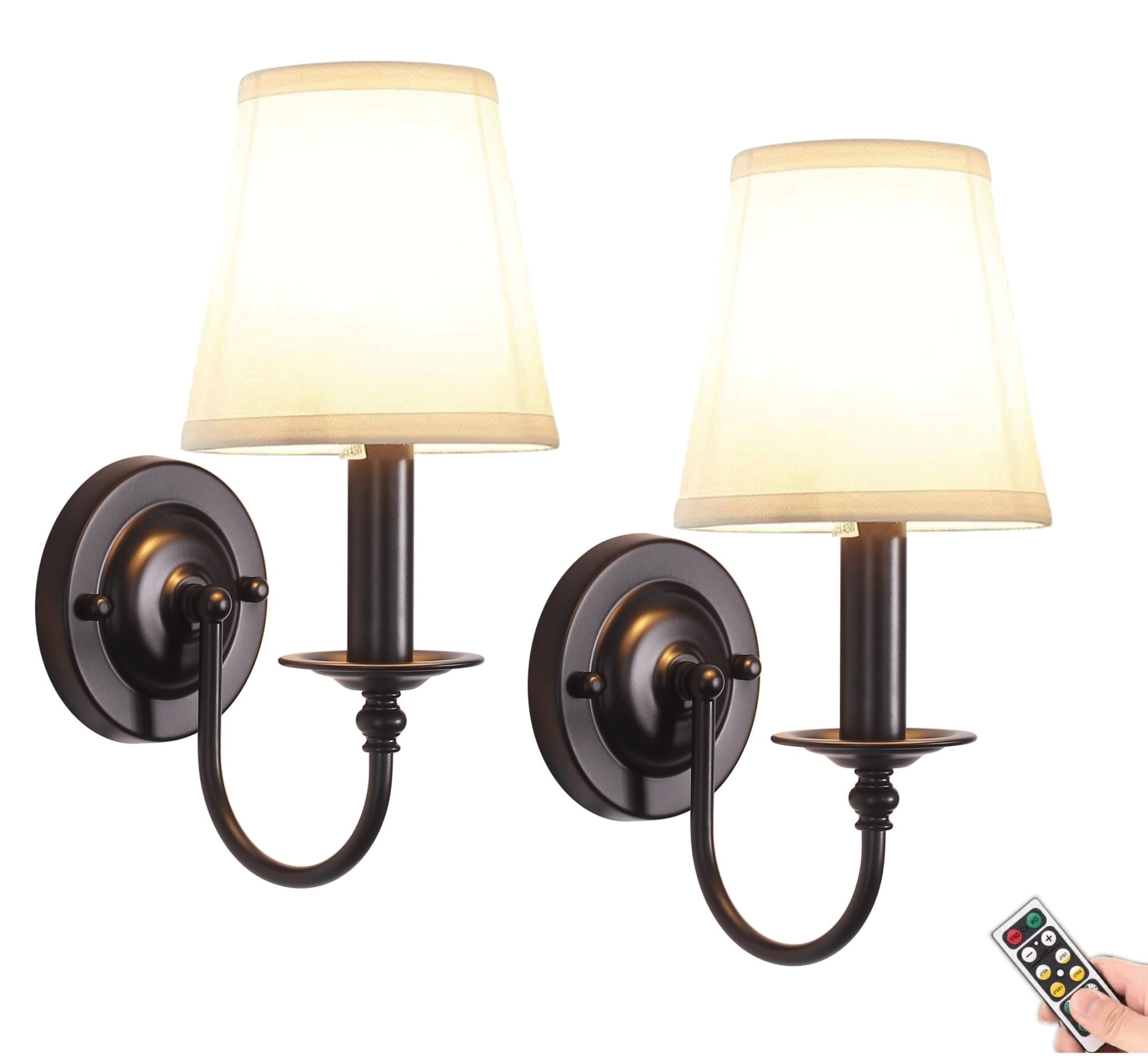 Vintage Sconce Wall Lighting Battery Operated with Remote Set of 2,No Wiring Wall Sconce W Timer,Small Fabric Shade Black Wall Light Fixture Indoor Decor for Bedroom Living Room Hallway Porch
