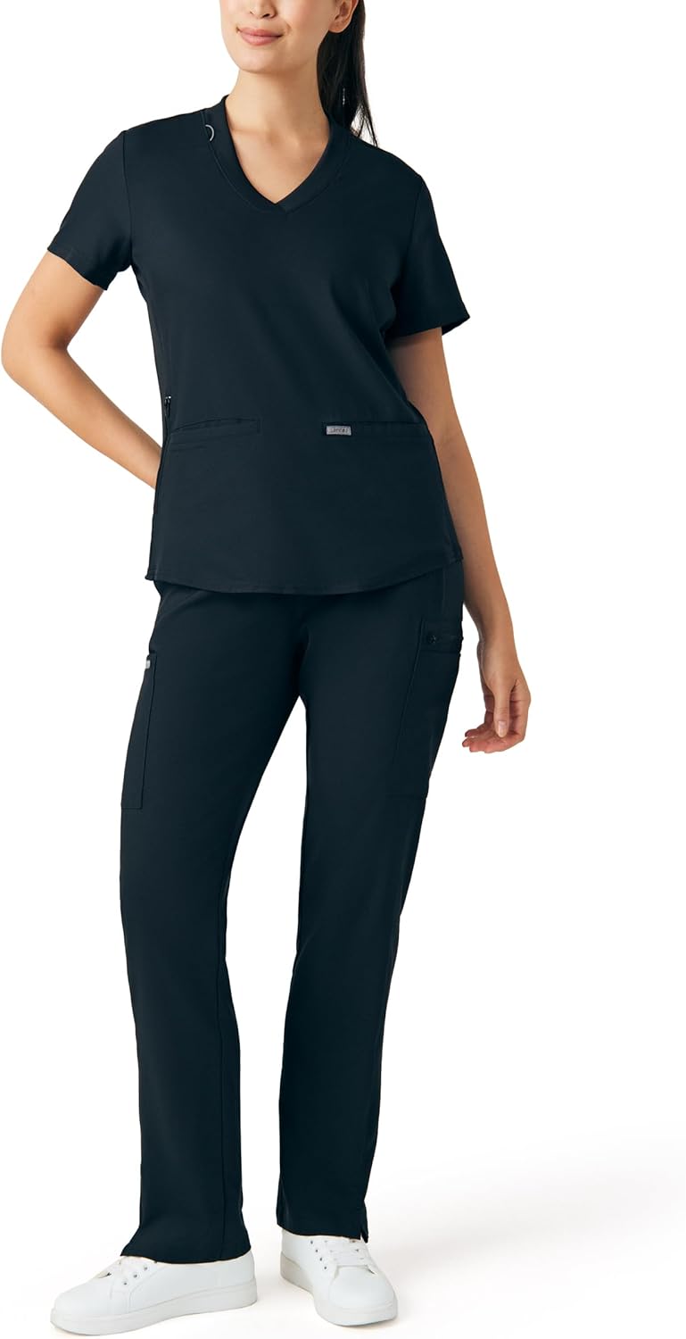 Landau Forward Women's Tailored Fit Stretch 3-Pocket V-Neck Scrub Top with Zipper Pocket and Curved Hem LT100