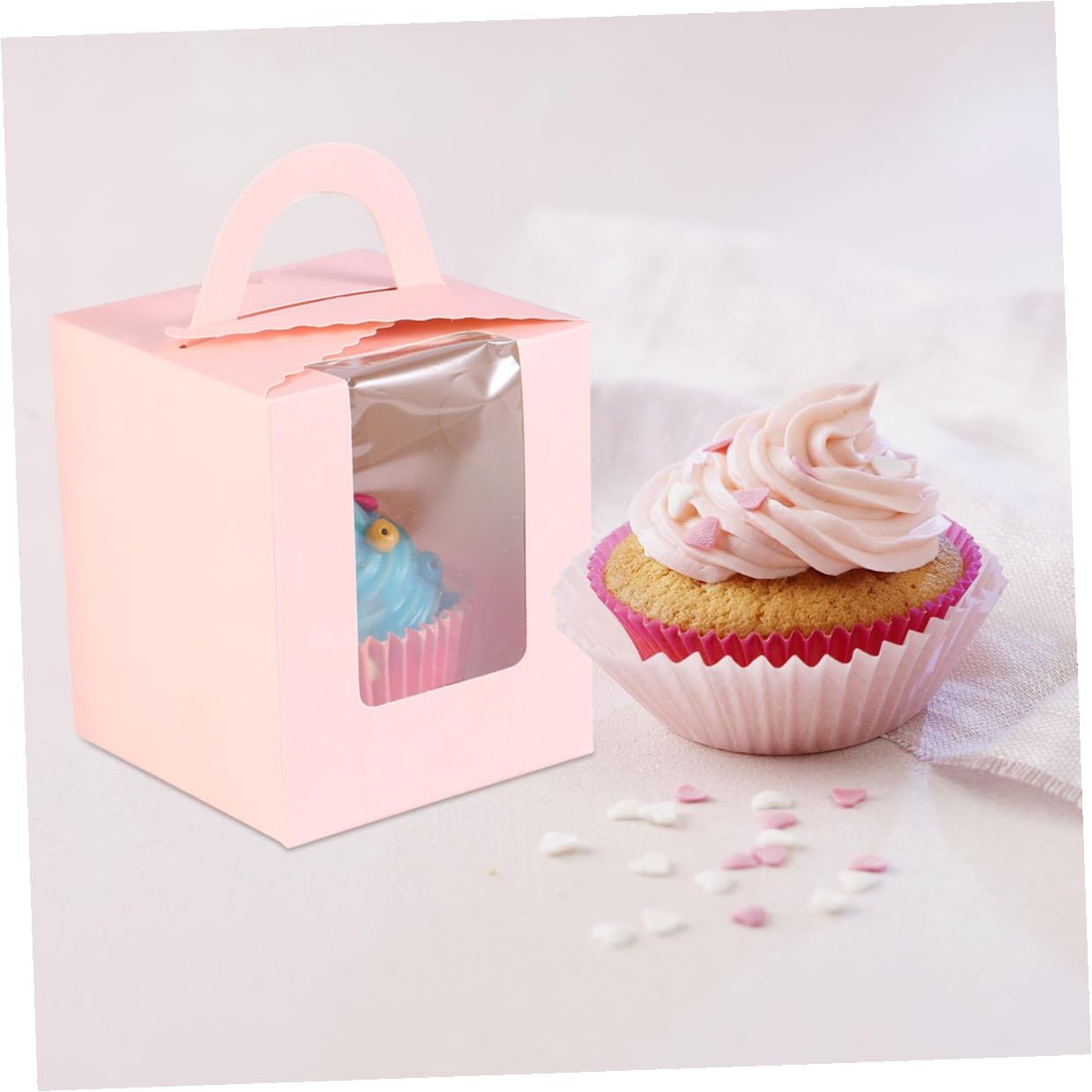 VANZACK 50pcs Pink Single Cupcake Boxes with Window Lid Paper Muffin Containers Portable Wedding Party Cake Box Holder