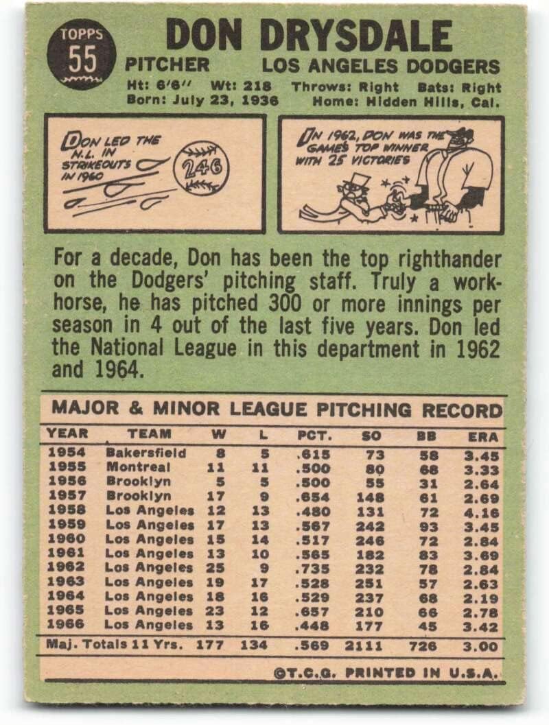 1967 Topps #55 Don Drysdale EX Excellent Los Angeles Dodgers Baseball Trading Card