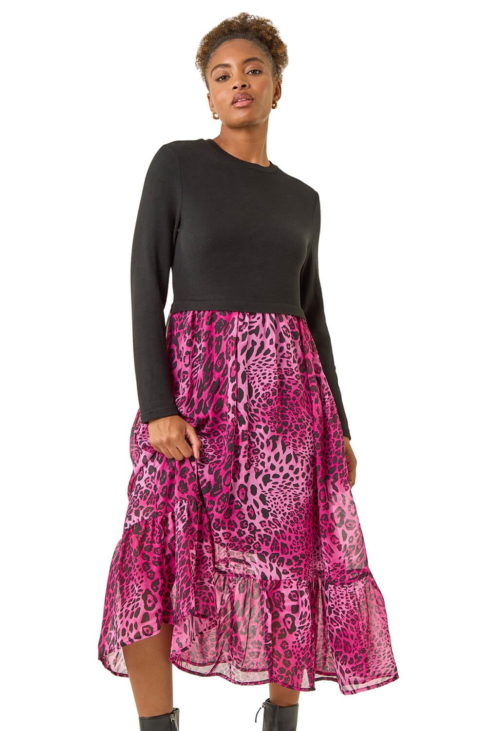 Roman Women's Magenta Animal Print Stretch Midi Dress