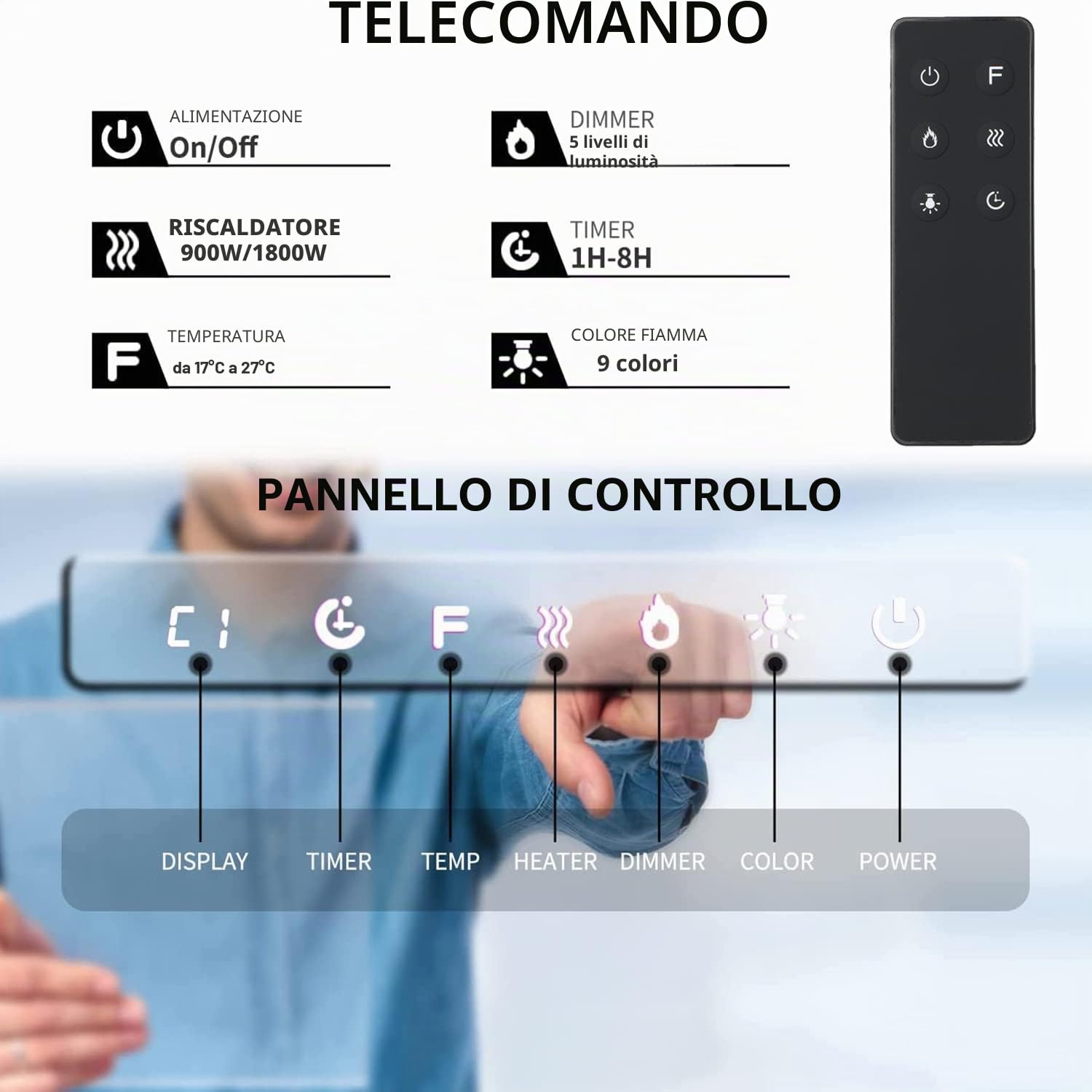 M.C.Haus Camino Elettrico Touch Screen Pannello in Vetro con Inserto a Fiamma Colorata Riscaldatore a Parete Telecomando con Crystal LogSet,900W/1800W (127 cm)