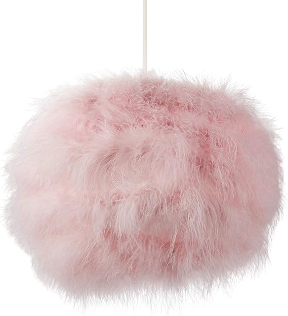 Modern and Distinctive Small Real Pink Fluffy Feather Decorated Pendant Light Shade | 25cm Diameter | 40w Maximum by Happy Homewares