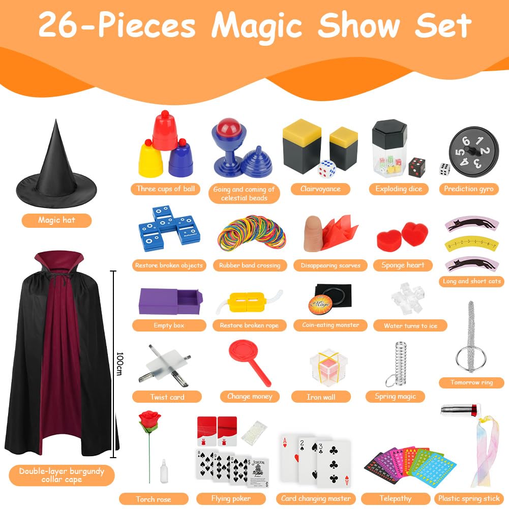 OSDUE Magiczne gry, 24 magiczne sztuczki dla dzieci, mały początkujący magiczna różdżka, zestaw magicznych sztuczek dla dzieci z magiczną peleryną i kapeluszem, prezent dla chłopców, dziewcząt