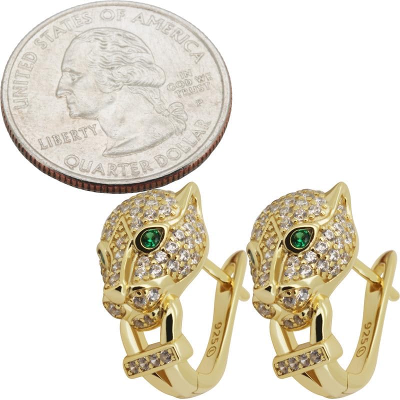 925 Sterling Silver 14k Gold Vermeil AAA Cubic Zirconia Panther Head Hoop Earrings