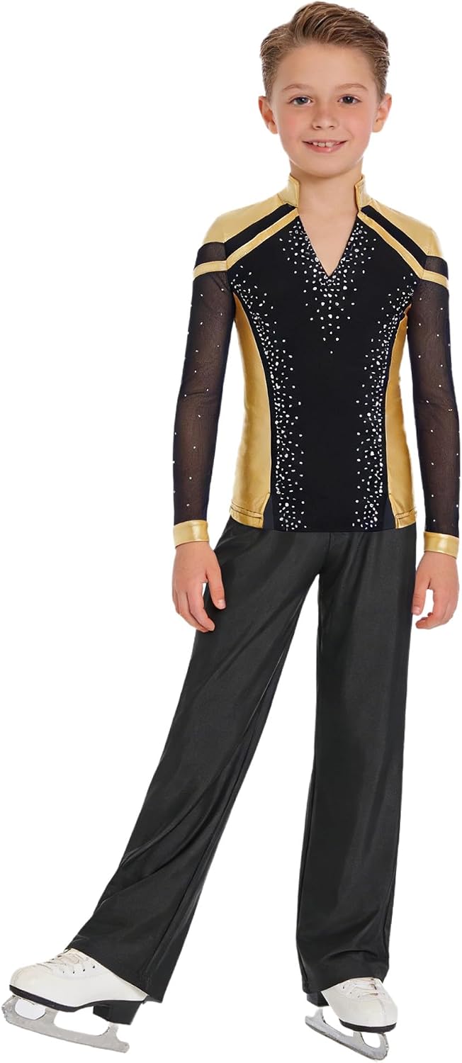 Sparkly Dance Outfits Sets for Boys Kids Ice Skating Suits Stage Performance Competitions Gold+Black 14 Years