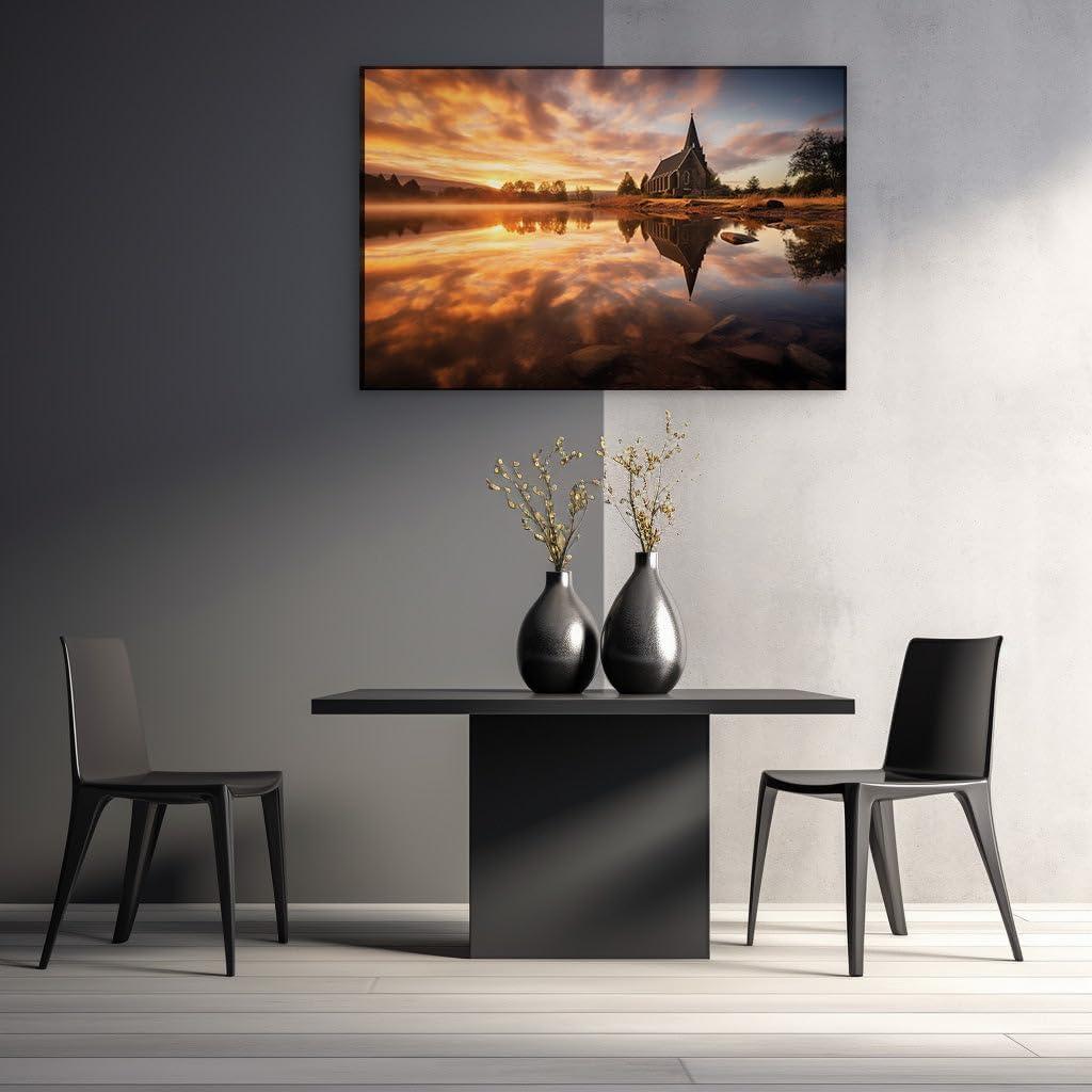 Canvas for Living room. Reflective Serenity: Sunrise Over a Lakeside Sanctuary, 27 x 18 inch Canvas Wall Art - Contemporary Masterpieces - Modern Home Decor