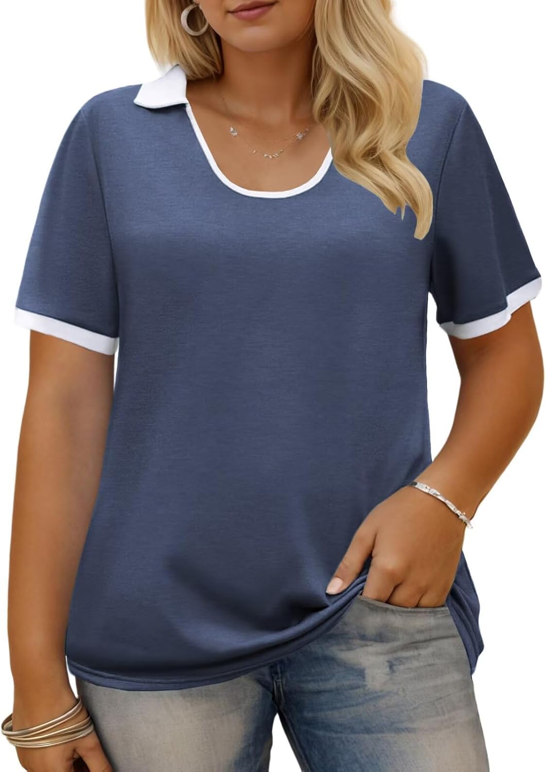 VISLILY Womens-Plus-Size-Summer-Tops Trendy Polo U Neck T Shirts Color Block Short Sleeve Lapel Collared Work Blouses Tunics