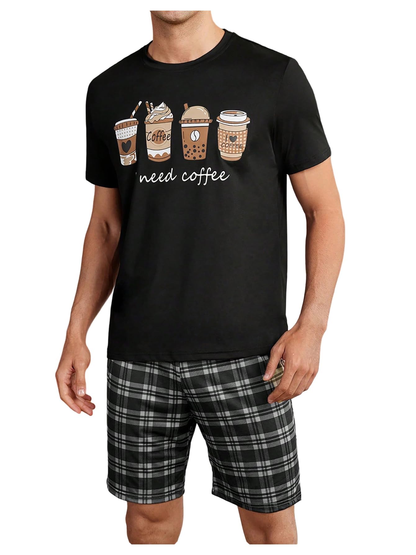 Verdusa Men's Pajamas Set 2 Piece Pjs Sets Short Sleeve Letter Print Tee and Short Lounge Set