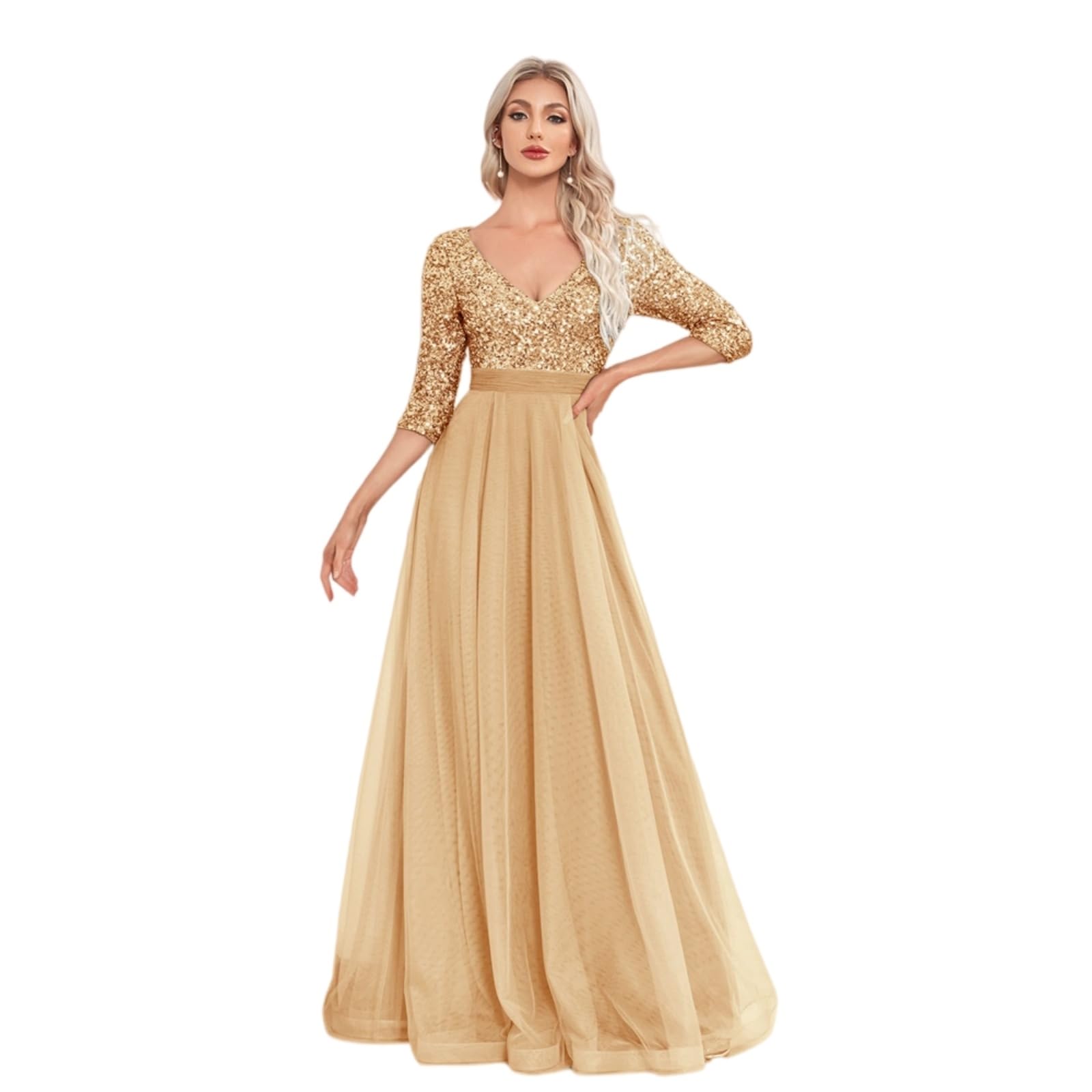 Vestito Donna Oro Paillette Maxi Abito, V Collo Tulle Splice Abito da Sera con Maniche Corte per Eventi di Nozze Festa-Gold-l