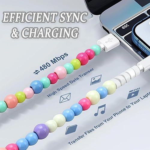 4-in-1 Beaded Charging Cord&Fast Charging Cable 66w, Erimish Beaded Phone Charger, Colorful Beaded 2-in-1 Data Cable, for iPhone and for Android (Blue + Purple)(White pearls)