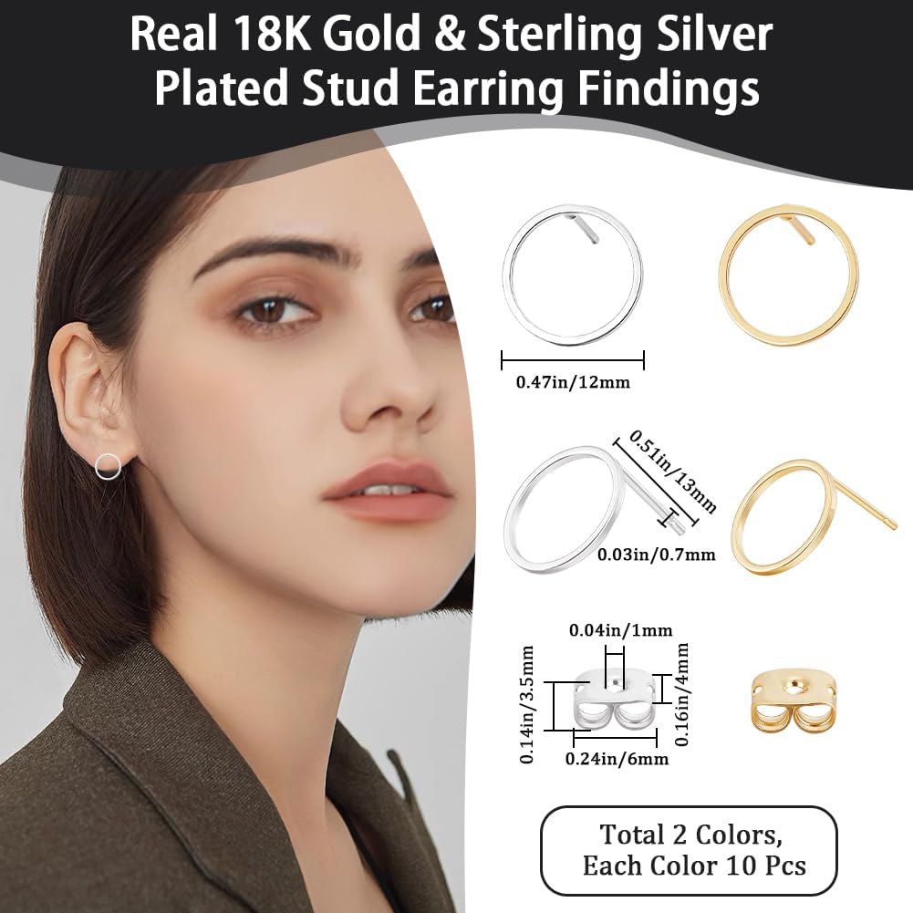 Beebeecraft 1 Box 20Pcs Circle Earring Posts 18K Gold & 925 Sterling Silver Plated Brass Stud Earring Posts Round Ring Earring Studs Geometry Stud for Women Gift