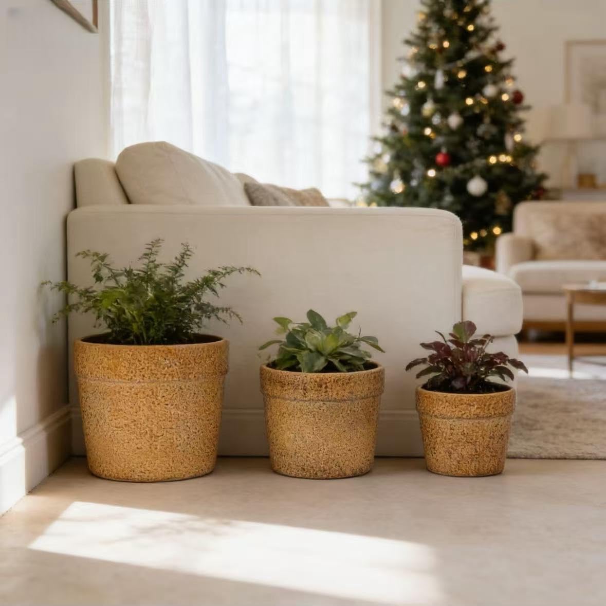 Ceramic Planters Set of 3, 15/12/9 Inch Indoor & Outdoor Large Plant Pots with Drainage Hole, Handmade Speckled Glaze Decorative Flower Pots for Indoor Plants, Patio & Garden, Antique Yellow