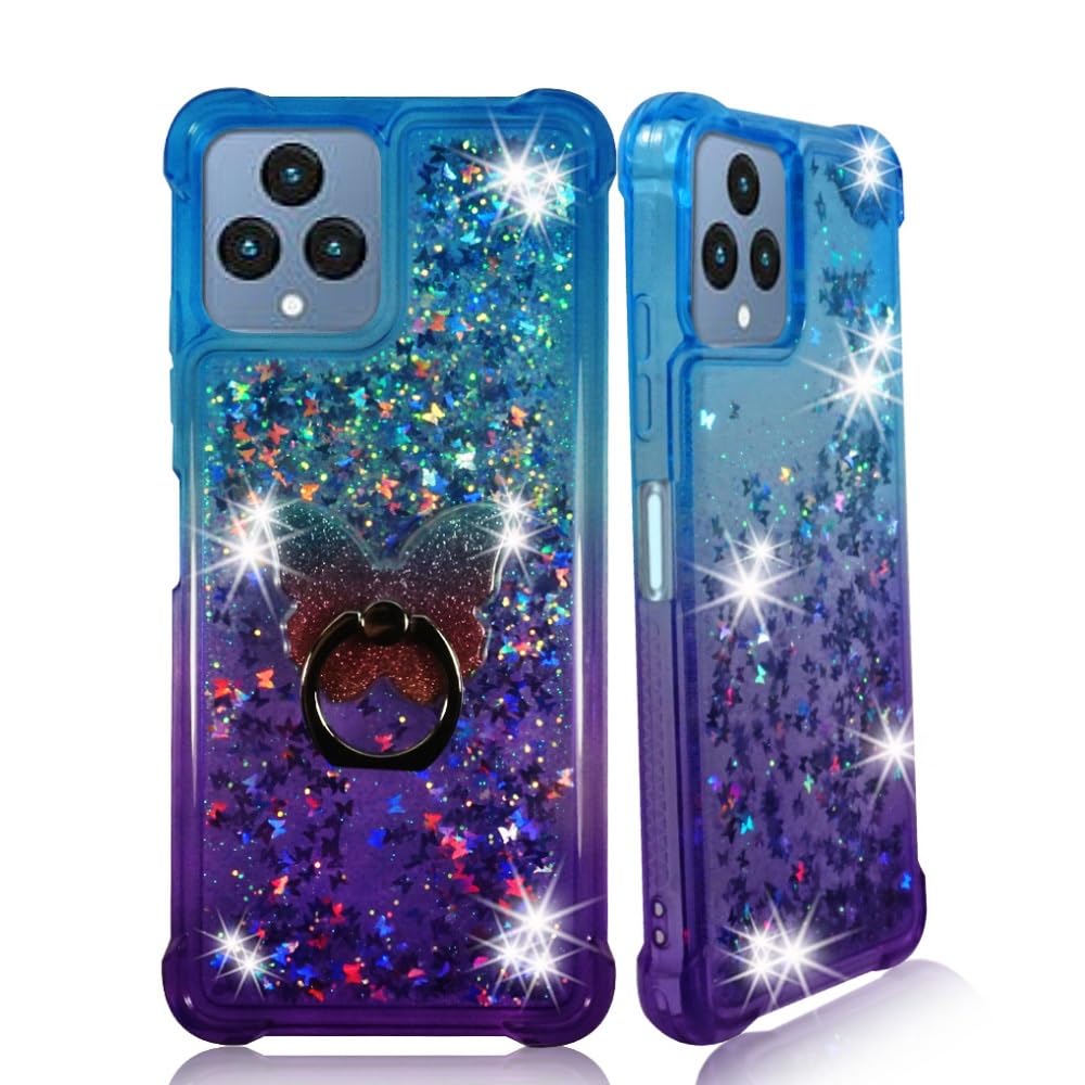 Zase Clear Phone Case for T-Mobile Metro REVVL 6X 5G / REVVL 6 Liquid Glitter Sparkly Cute Floating 3D Butterflies Bling Shockproof Waterfall Quicksand w/Phone Ring Holder (Gradient Blue Purple)