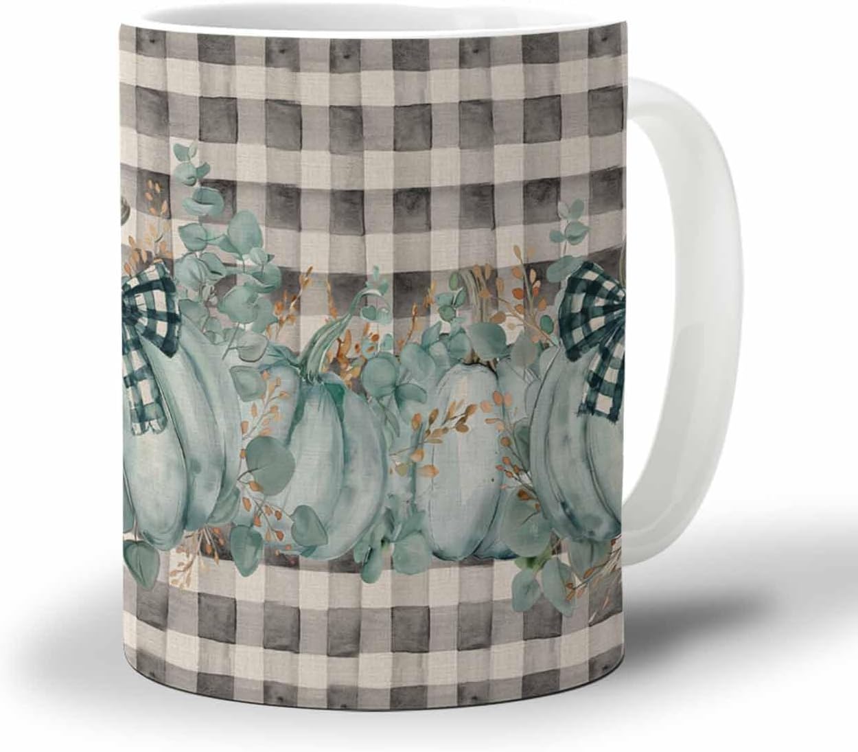 BEMIGO Ceramic Coffee Mug Fall Vintage Buffalo Plaid Ceramic Mug White Cup, Aqua Pumpkin Insulated Coffee Cup with Handle with Pattern Perfect for Tea and Hot Beverages, 12oz